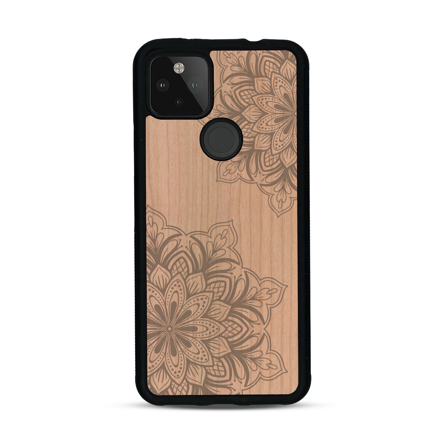 Coque de protection en bois véritable fabriquée en France pour  sur le thème de la bohème et du tatouage au henné avec une gravure représentant un mandala