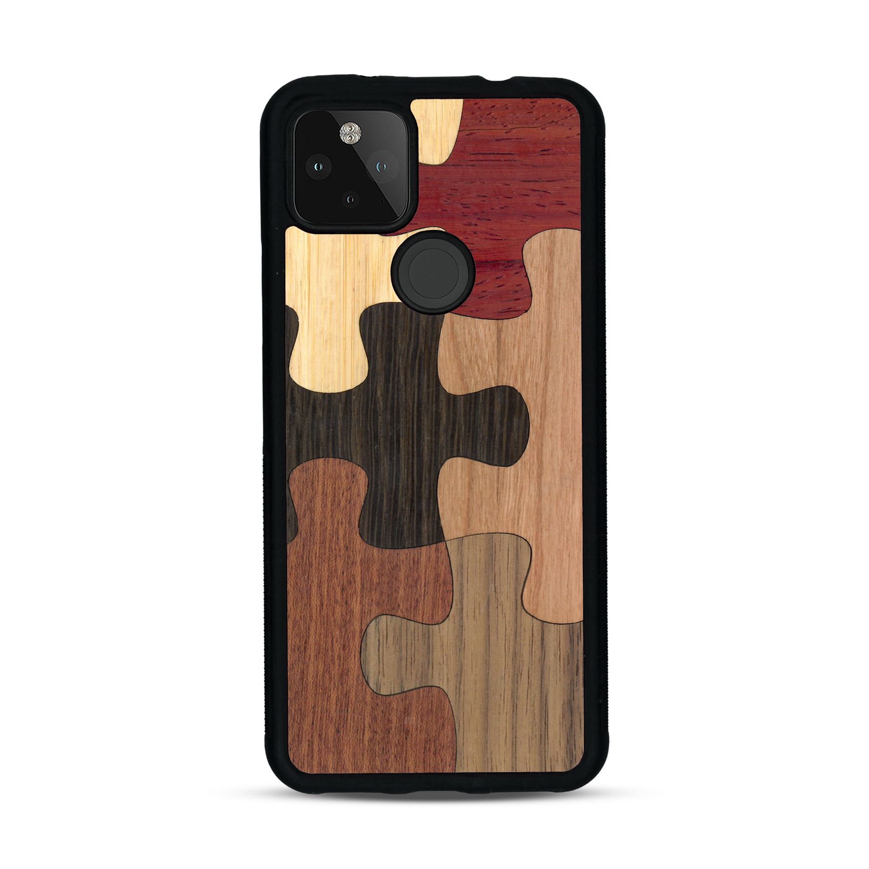 Coque de protection en bois véritable fabriquée en France pour  représentant un puzzle en six pièces qui allie du chêne fumé, du noyer, du bambou, du padouk, du merisier et de l'acajou