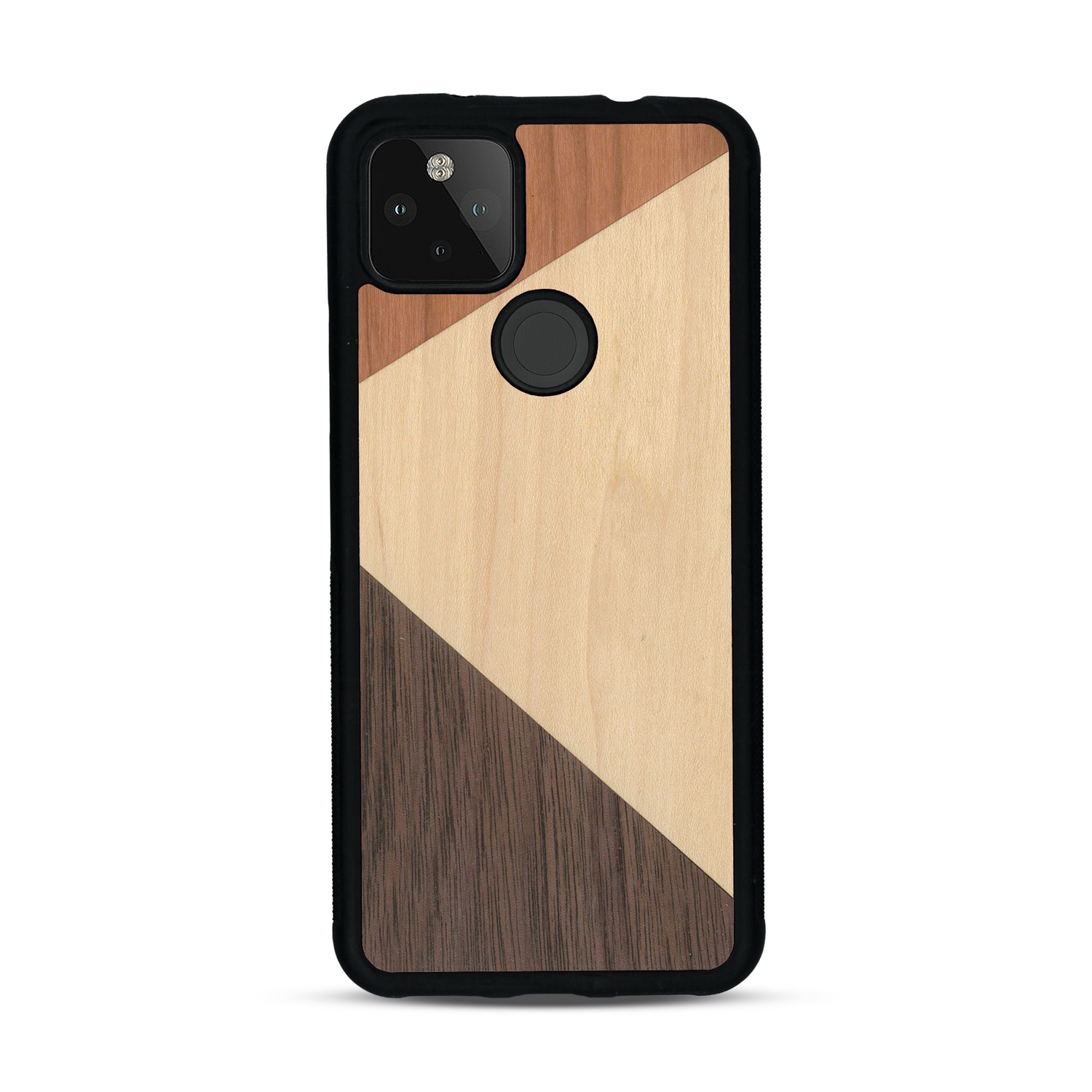 Coque de protection en bois véritable fabriquée en France pour  alliant du merisier, du noyer et du bambou formant chacun deux triangles et un trapèze avec deux jointures en diagonale sur le thème de l'art abstrait