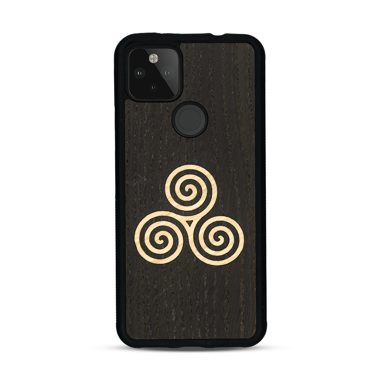 Coque de protection en bois véritable fabriquée en France pour  alliant du chêne fumé et du bambou et doré représentant un triskell