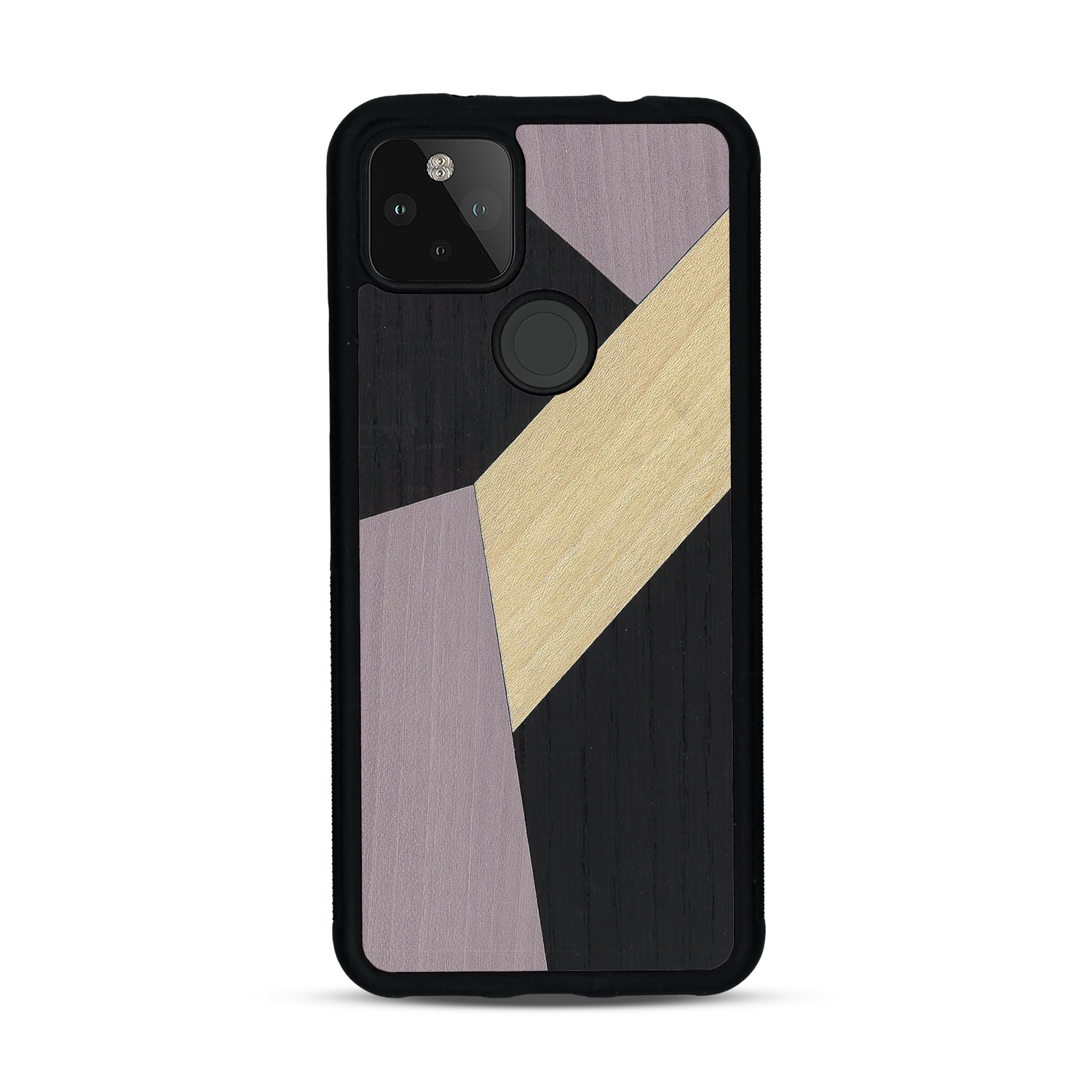 Coque de protection en bois véritable fabriquée en France pour  alliant du bambou, du tulipier mauve et noir en forme de mosaïque minimaliste sur le thème de l'art abstrait
