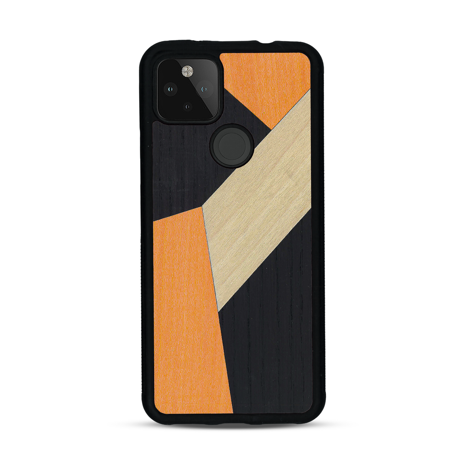 Coque de protection en bois véritable fabriquée en France pour  alliant du bambou, du tulipier orange et noir en forme de mosaïque minimaliste sur le thème de l'art abstrait