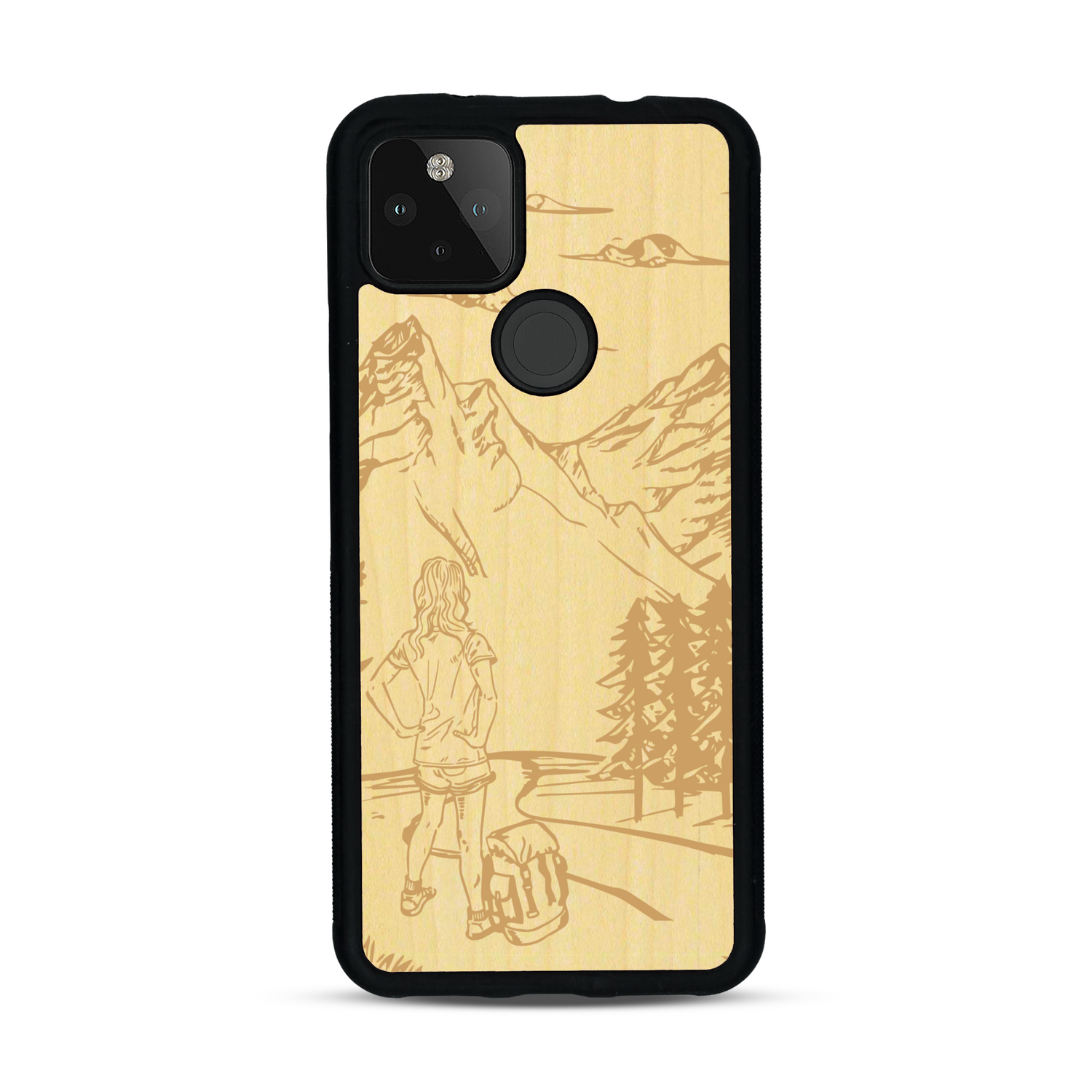 Coque de protection en bois véritable fabriquée en France pour  sur le thème de la randonnée en montagne et de l'aventure avec une gravure représentant une femme de dos face à un paysage de nature