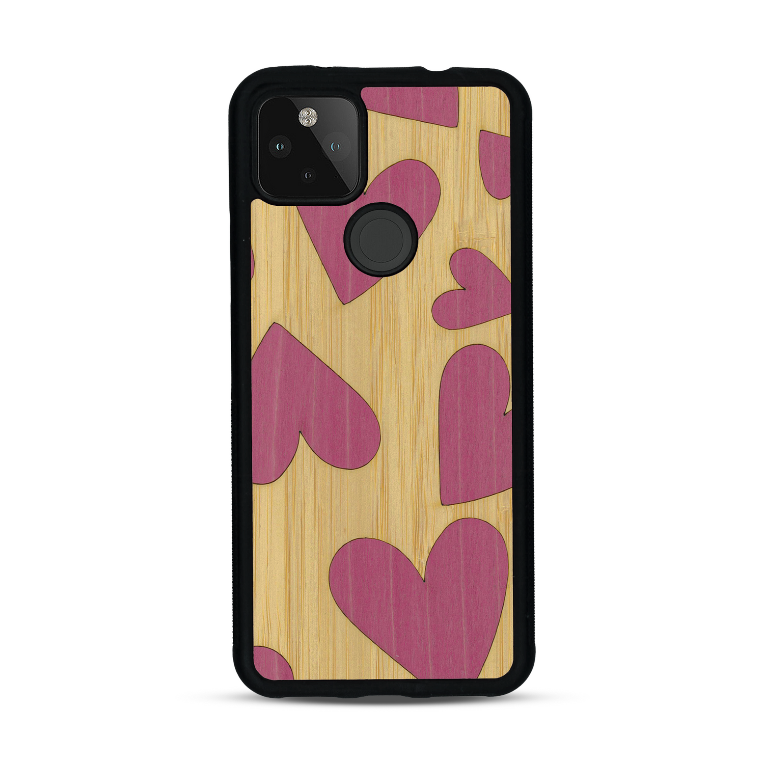Coque de protection en bois véritable fabriquée en France pour  alliant plusieurs essences de bois pour représenter des coeurs pour les amoureux