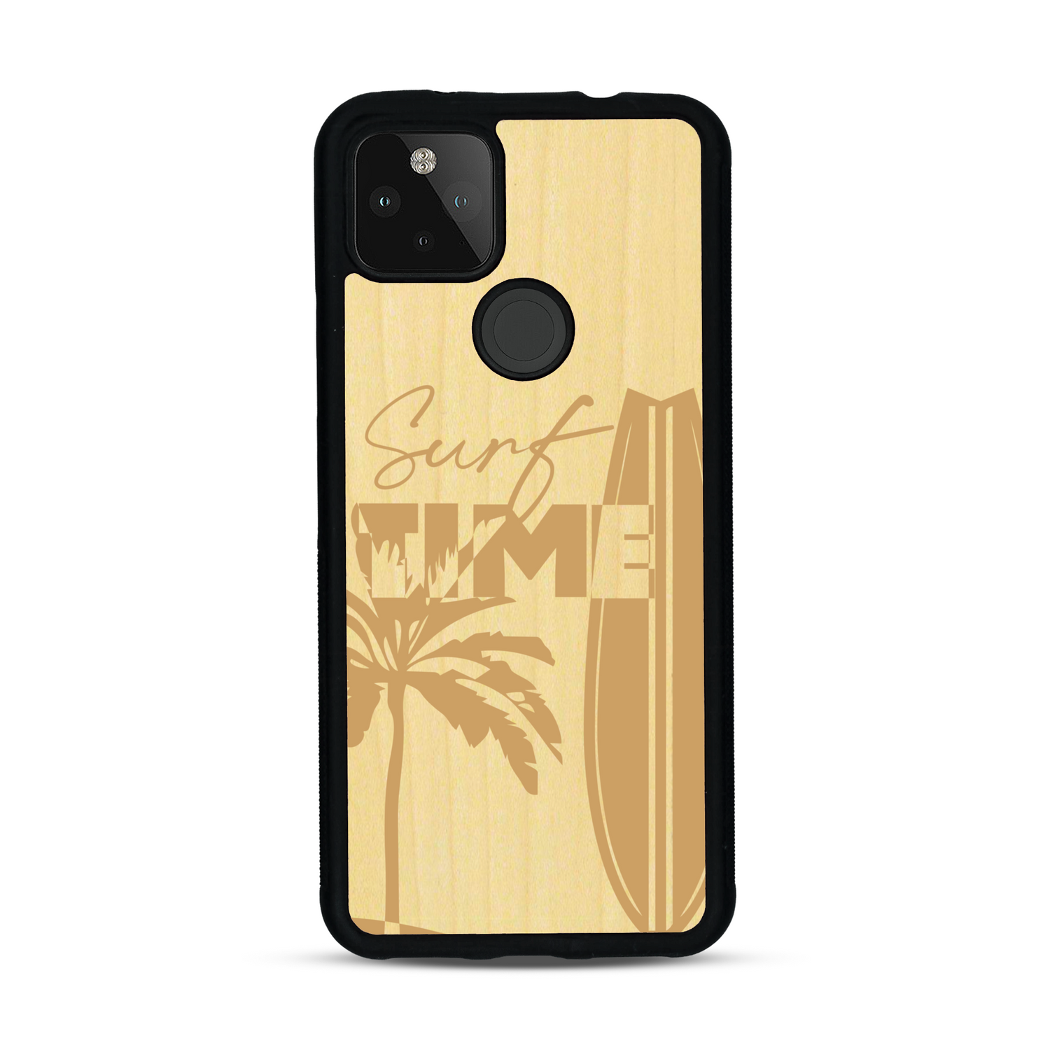 Coque de protection en bois véritable fabriquée en France pour  sur le thème chill avec un motif représentant une silouhette tenant une planche de surf sur une plage entouré de palmiers et les mots "Surf Time Long Beach Miami"