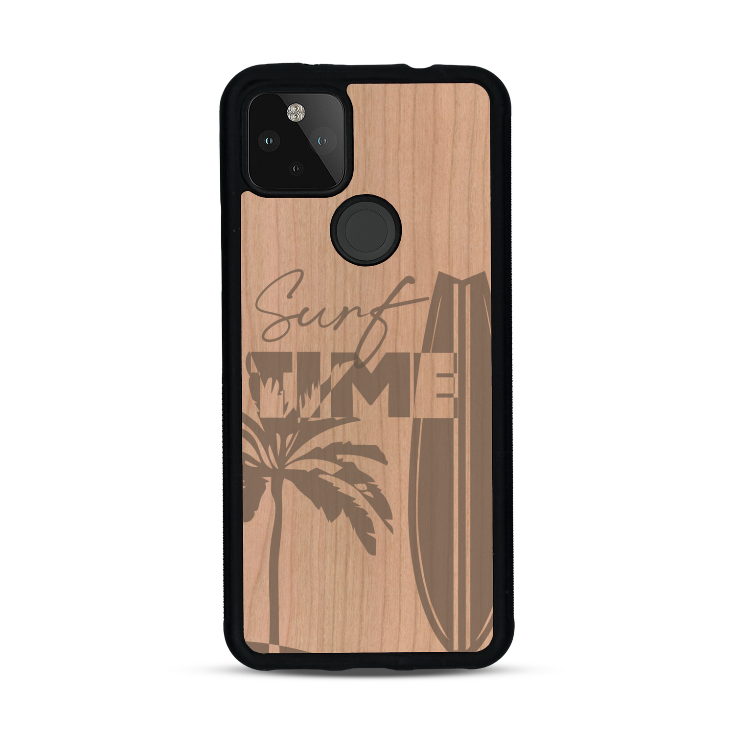 Coque de protection en bois véritable fabriquée en France pour  sur le thème chill avec un motif représentant une silouhette tenant une planche de surf sur une plage entouré de palmiers et les mots "Surf Time Long Beach Miami"