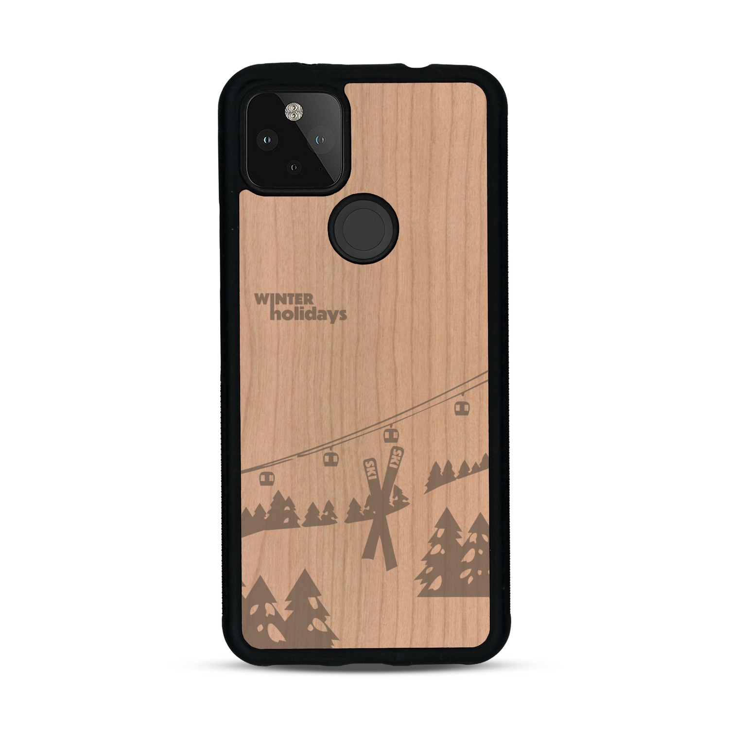 Coque de protection en bois véritable fabriquée en France pour  sur le thème de la montagne, du ski et de la neige avec un motif représentant une paire de ski plantée dans la neige avec en fond des montagnes enneigées