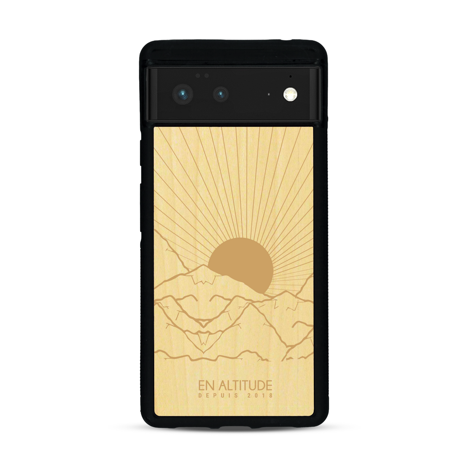 Coque de protection en bois véritable fabriquée en France pour  représentant des montagnes, sur le thème de la randonnée en pleine nature et du trail