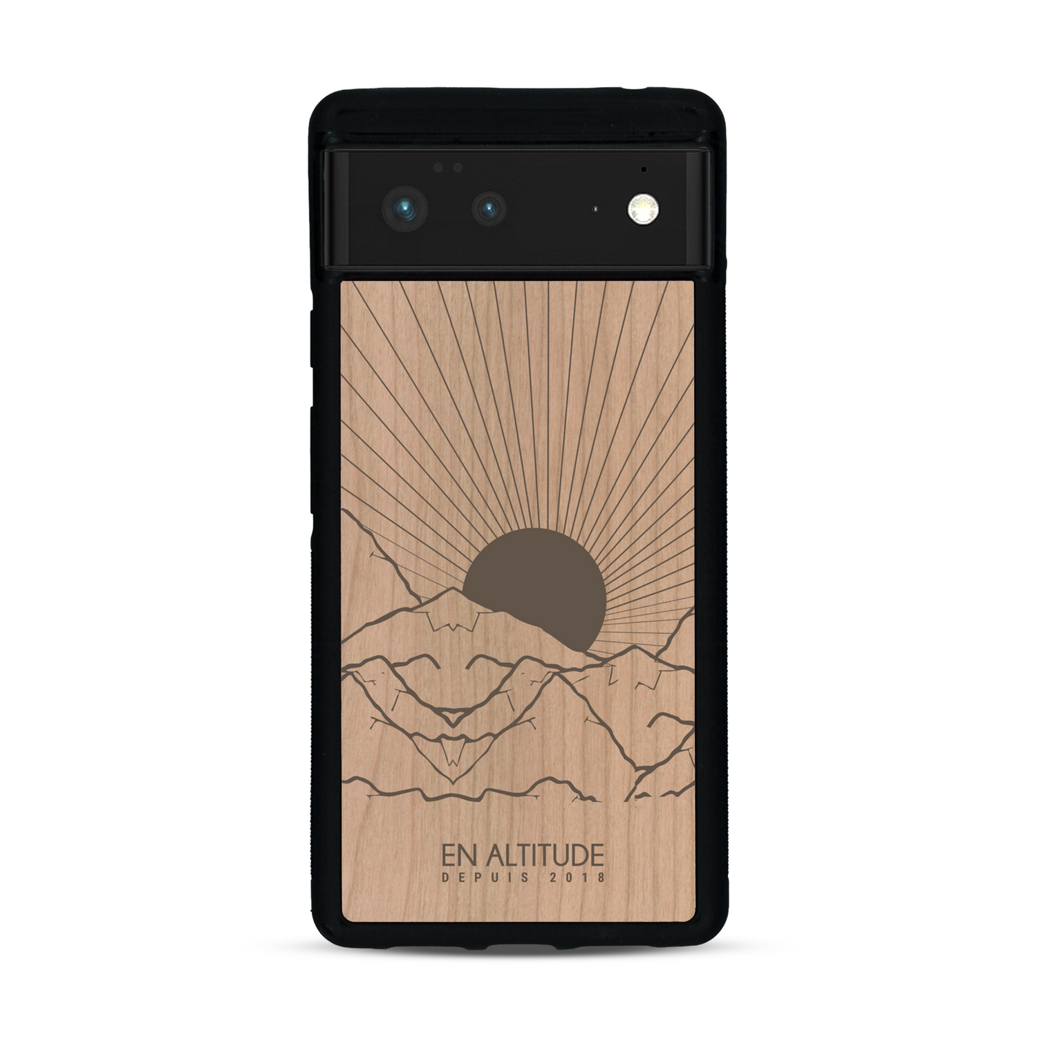 Coque de protection en bois véritable fabriquée en France pour  représentant des montagnes, sur le thème de la randonnée en pleine nature et du trail