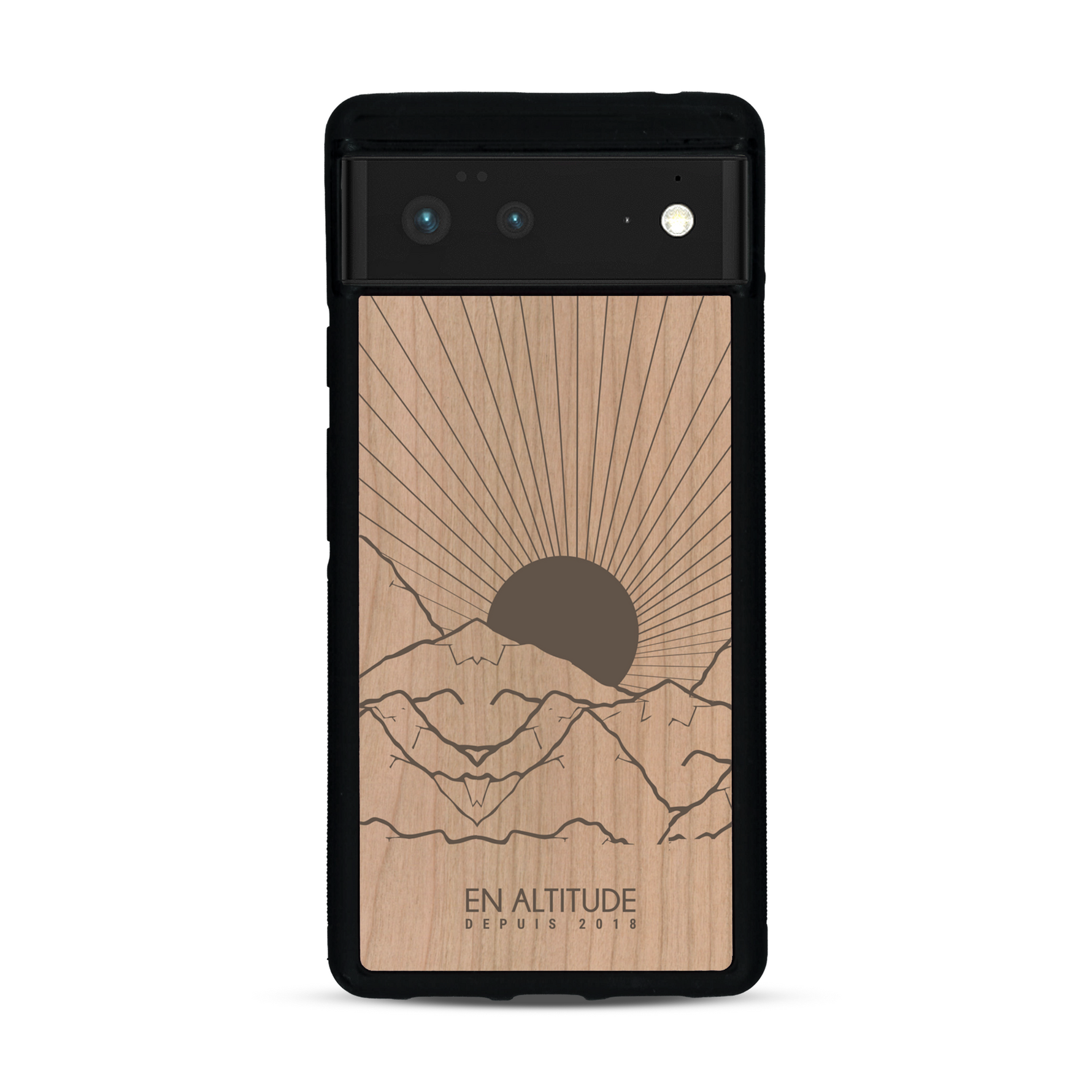 Coque de protection en bois véritable fabriquée en France pour  représentant des montagnes, sur le thème de la randonnée en pleine nature et du trail