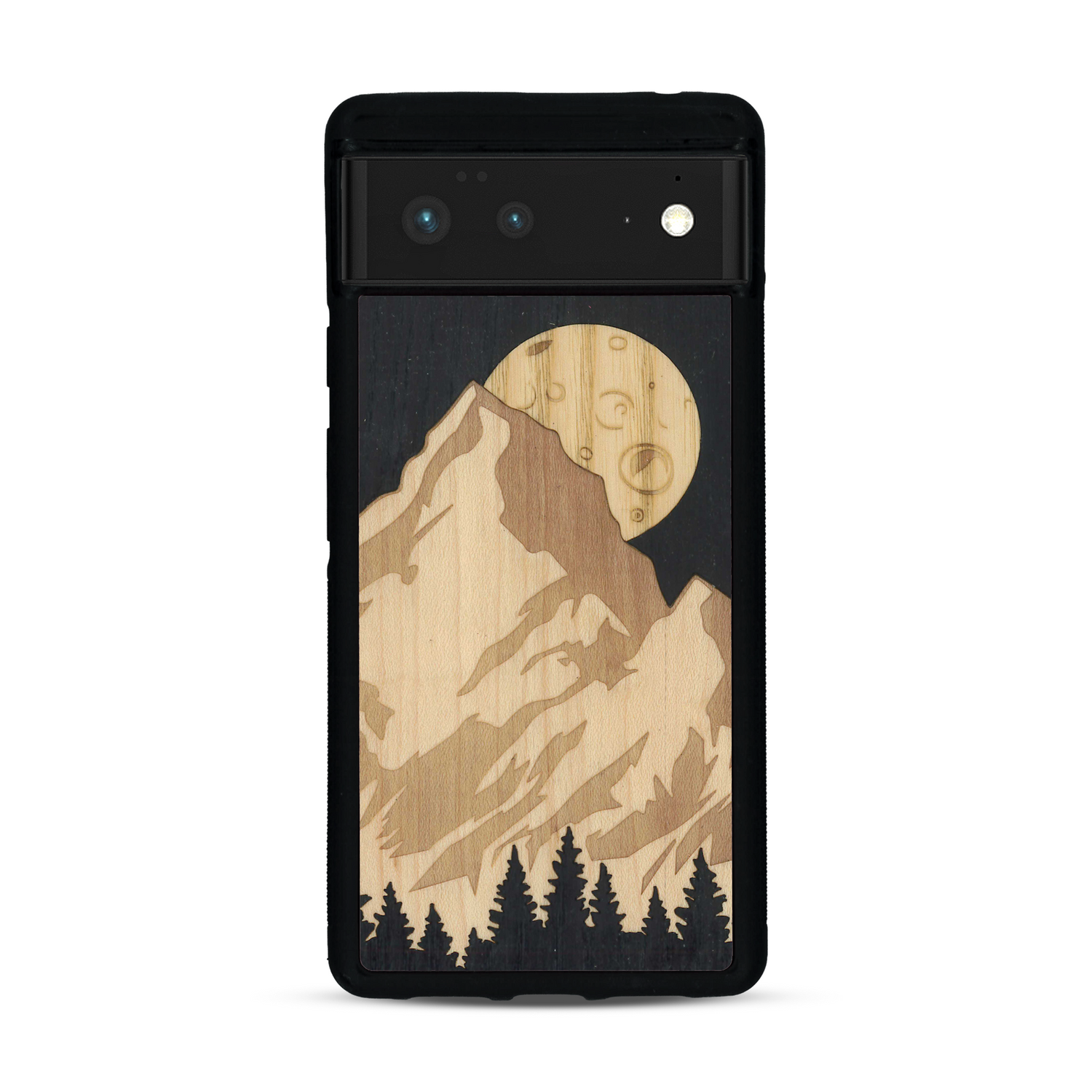 Coque de protection en bois véritable fabriquée en France pour  alliant plusieurs essences de bois pour représenter le mont Everest