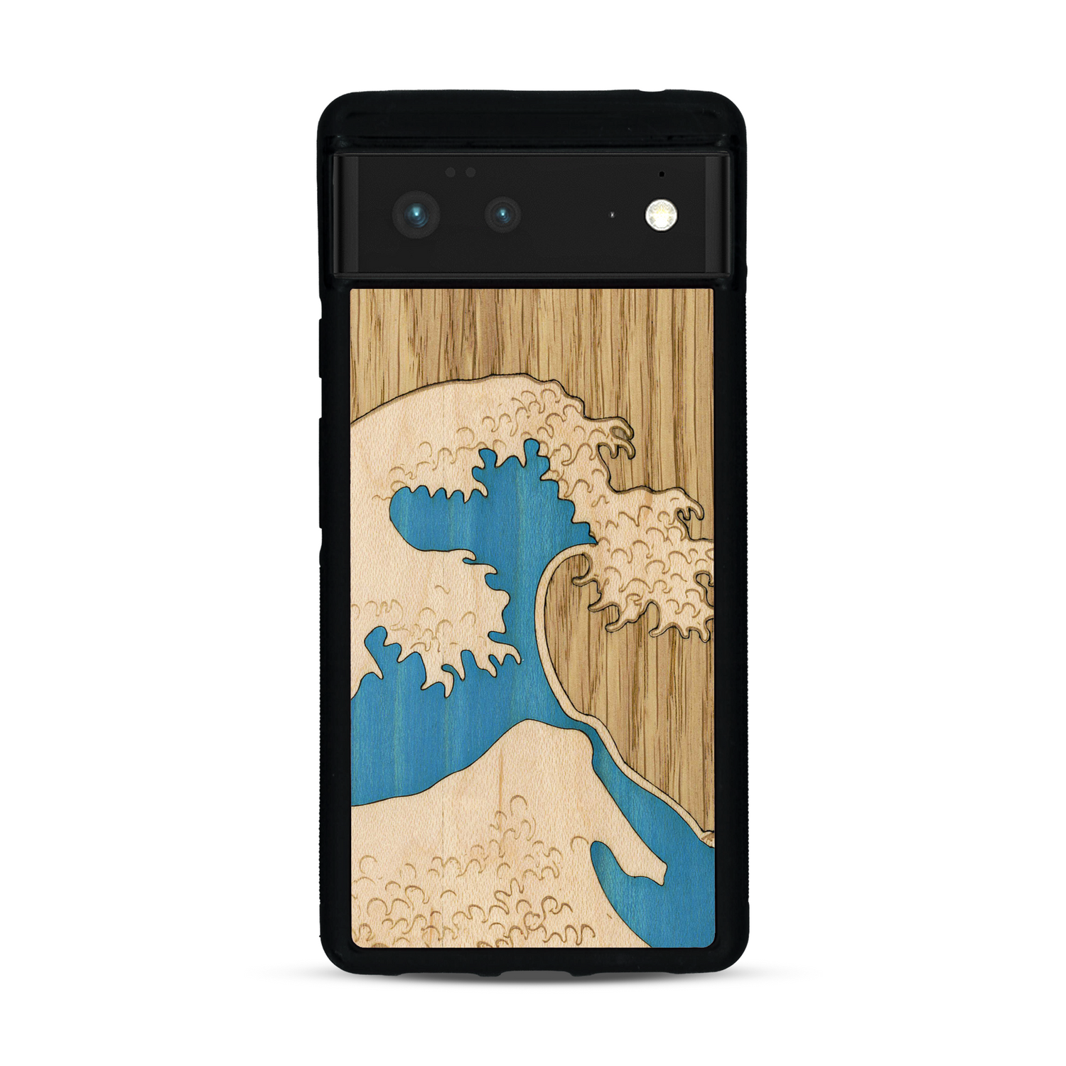 Coque de protection en bois véritable fabriquée en France pour  alliant plusieurs essences de bois pour représenter la célèbre grande vague de Kanagawa