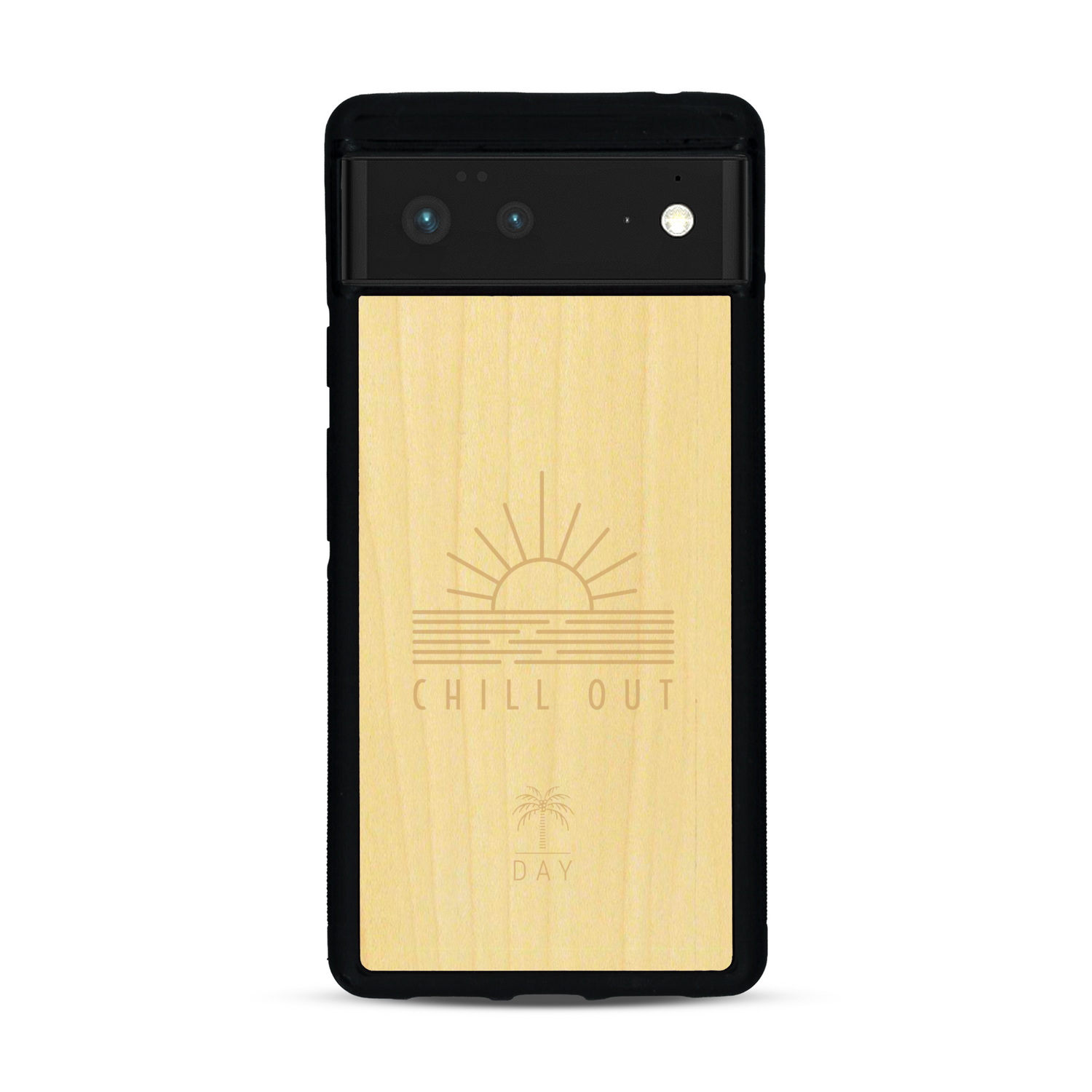 Coque de protection en bois véritable fabriquée en France pour  sur le thème chill avec un motif représentant un couché de soleil sur l'océan et la phrase "Chill out"