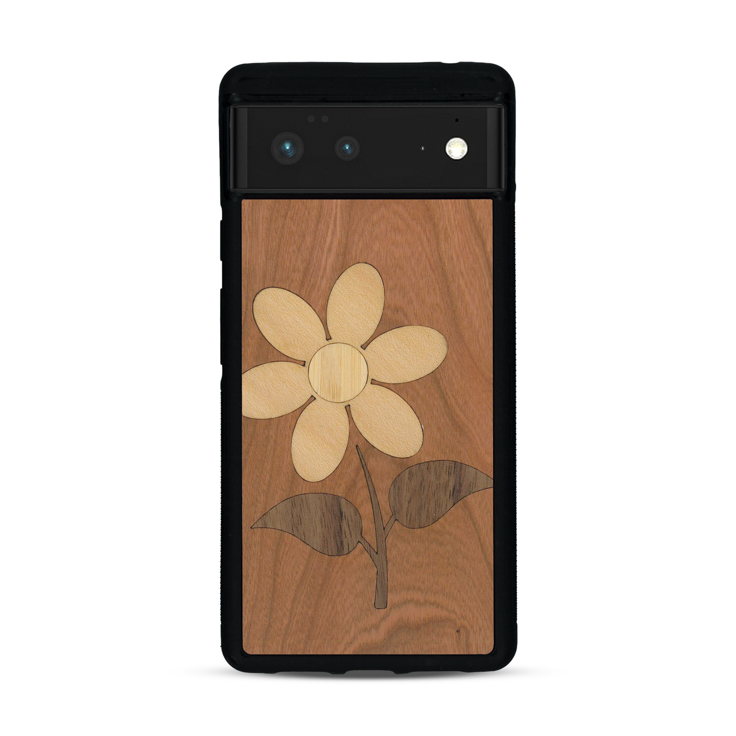 Coque de protection en bois véritable fabriquée en France pour  alliant plusieurs essences de bois pour représenter une marguerite