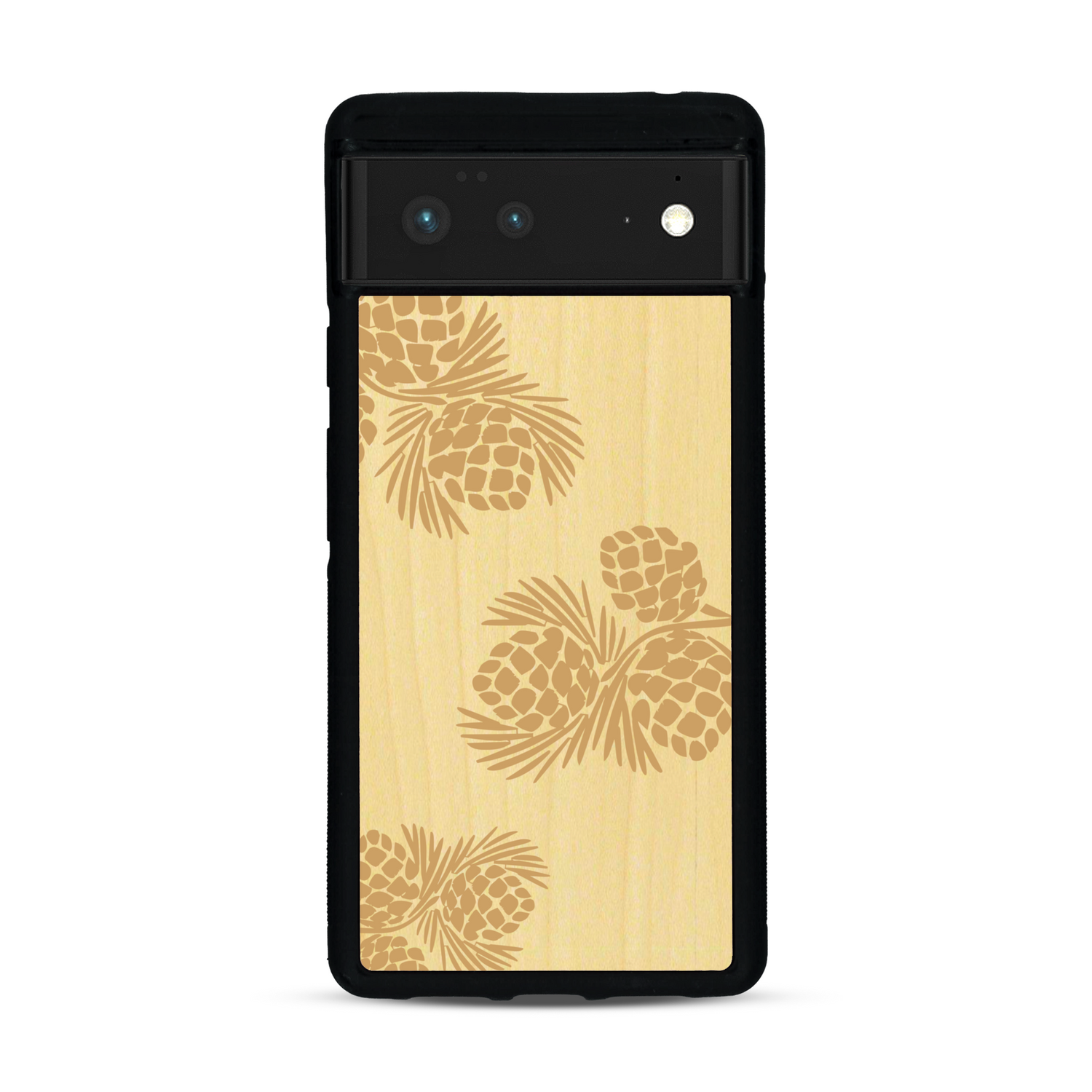 Coque de protection en bois véritable fabriquée en France pour  sur le thème de la nature des arbres avec un motif de gravure représentant des épines de sapin et des pommes de pin