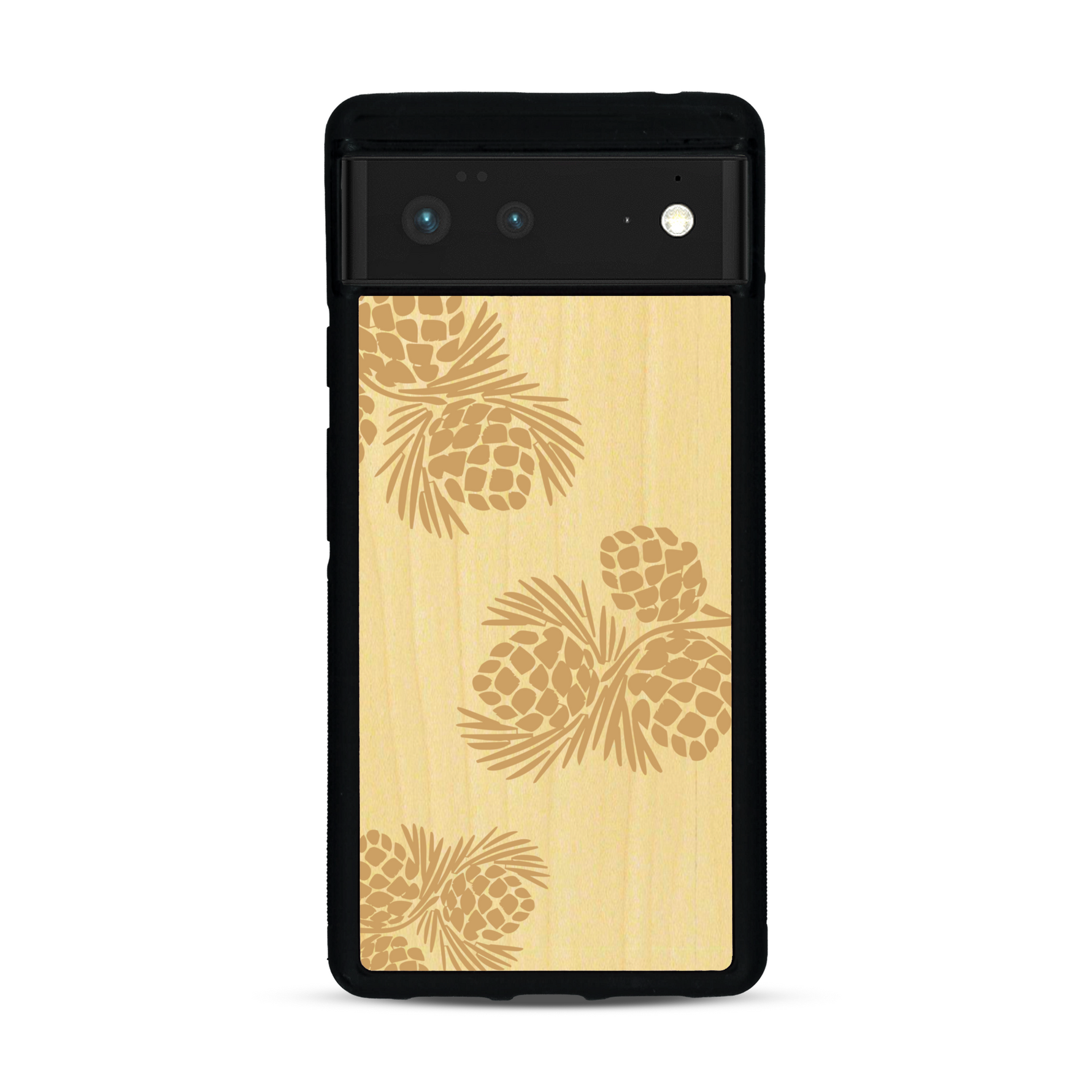 Coque de protection en bois véritable fabriquée en France pour  sur le thème de la nature des arbres avec un motif de gravure représentant des épines de sapin et des pommes de pin