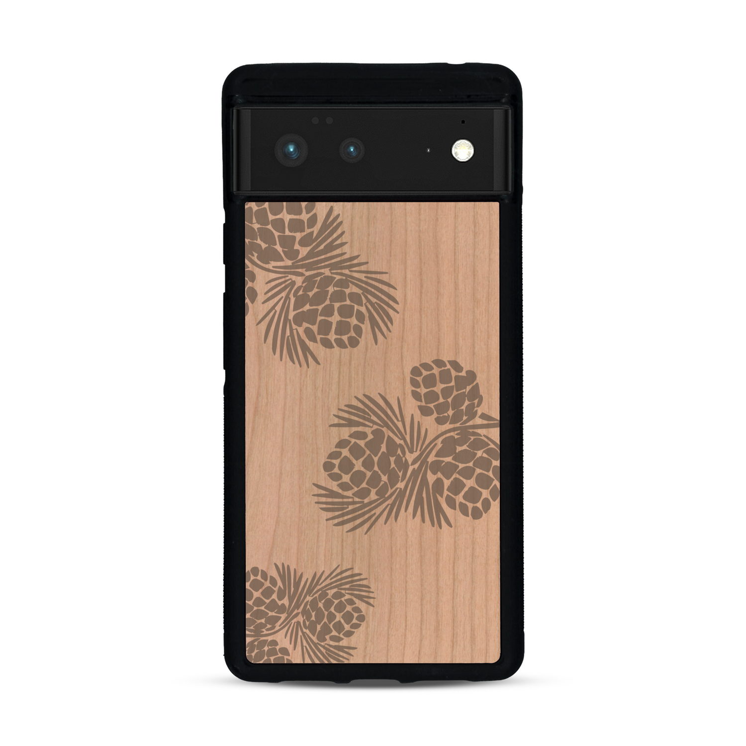 Coque de protection en bois véritable fabriquée en France pour  sur le thème de la nature des arbres avec un motif de gravure représentant des épines de sapin et des pommes de pin