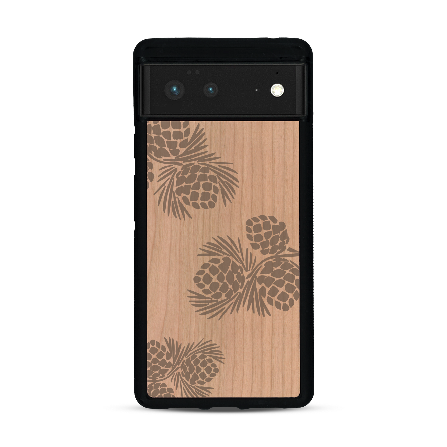 Coque de protection en bois véritable fabriquée en France pour  sur le thème de la nature des arbres avec un motif de gravure représentant des épines de sapin et des pommes de pin