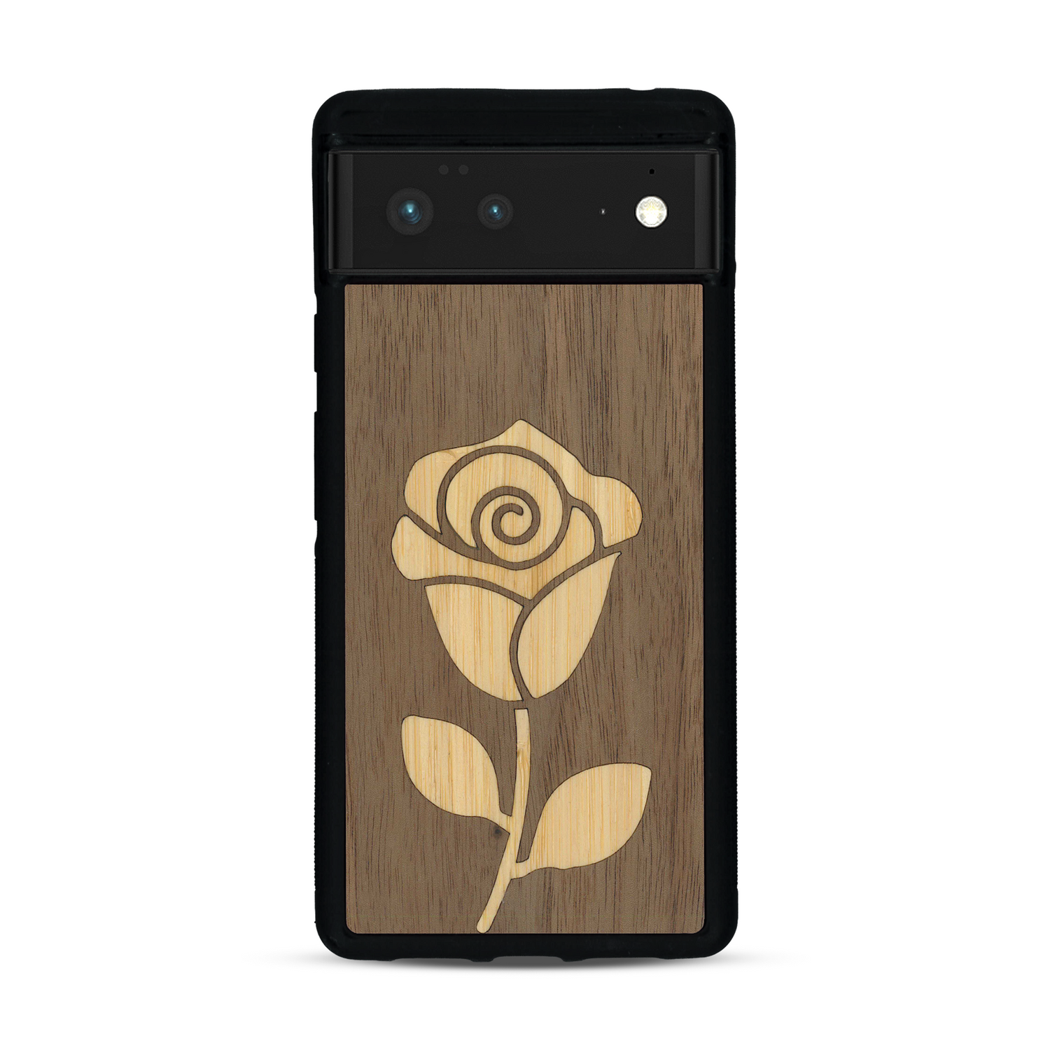 Coque de protection en bois véritable fabriquée en France pour  alliant plusieurs essences de bois pour représenter une rose