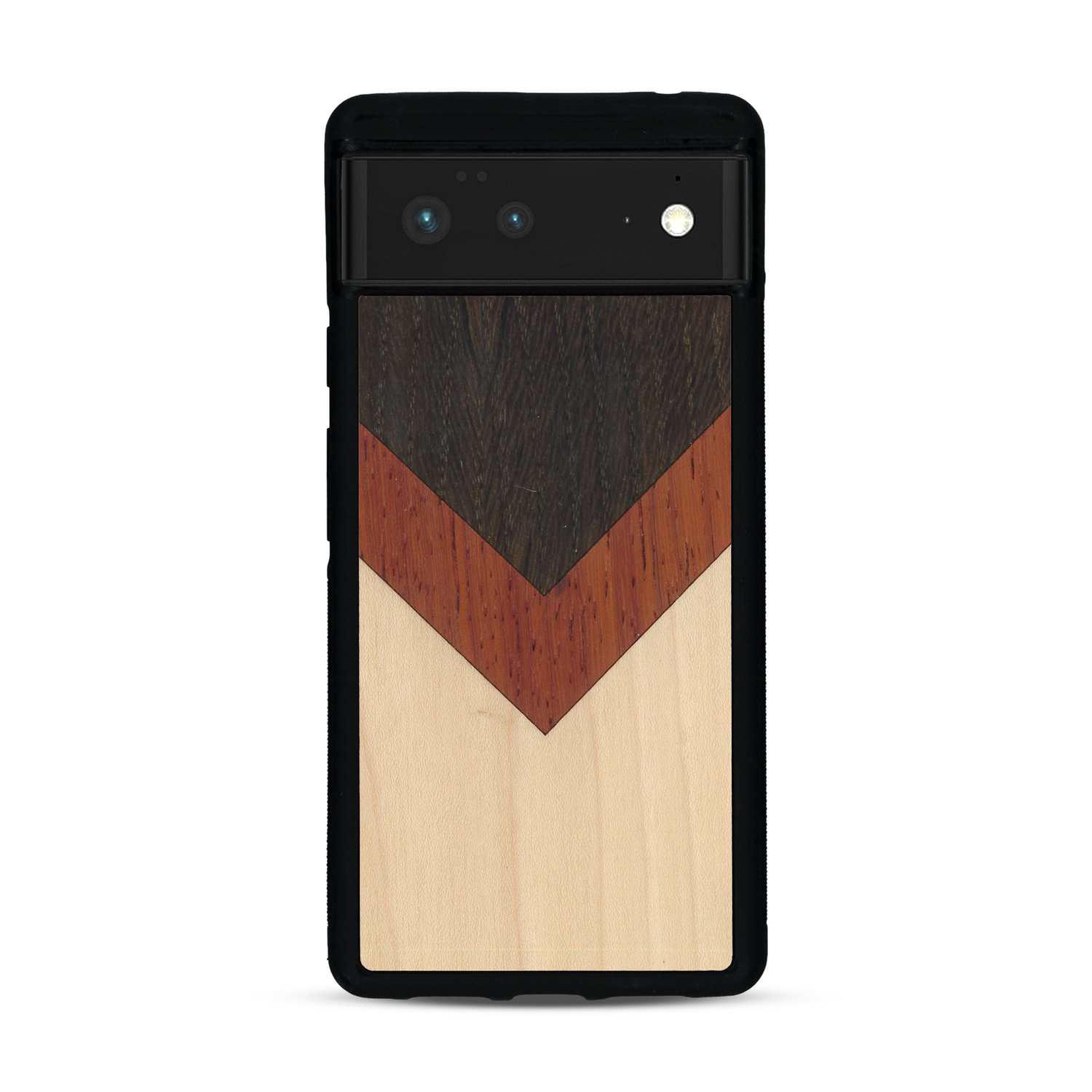 Coque de protection en bois véritable fabriquée en France pour  alliant du chêne fumé, du padouk et du bambou en forme de chevron sur le thème de l'art abstrait
