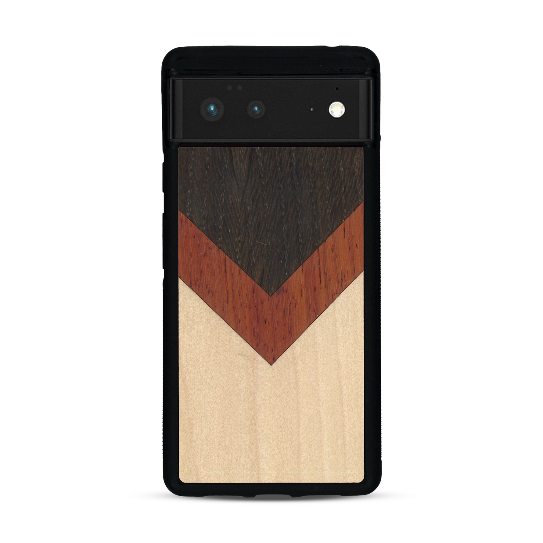 Coque de protection en bois véritable fabriquée en France pour  alliant du chêne fumé, du padouk et du bambou en forme de chevron sur le thème de l'art abstrait