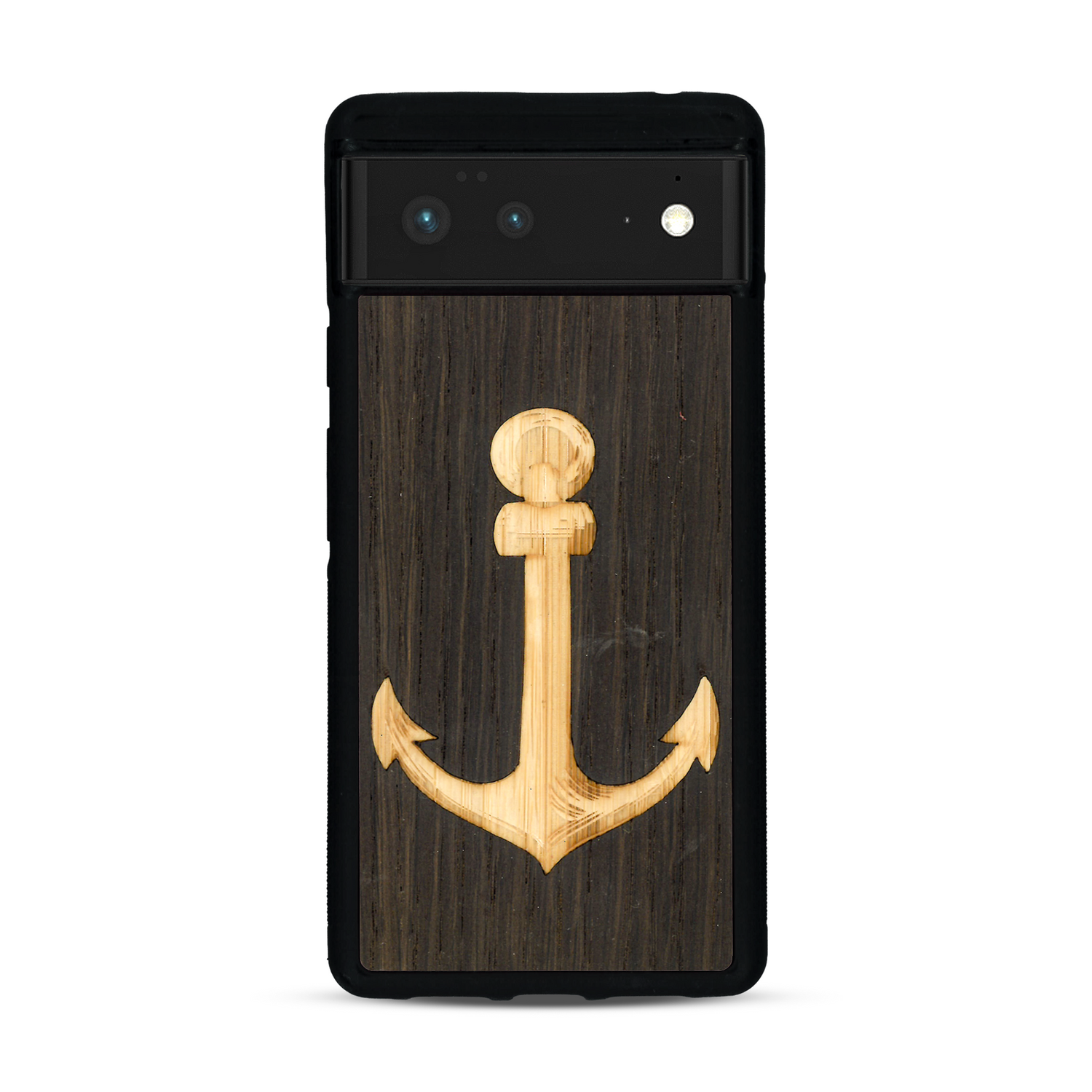 Coque de protection en bois véritable fabriquée en France pour  sur le thème nautique avec un bois clair et un bois foncé représentant une ancre de bateau