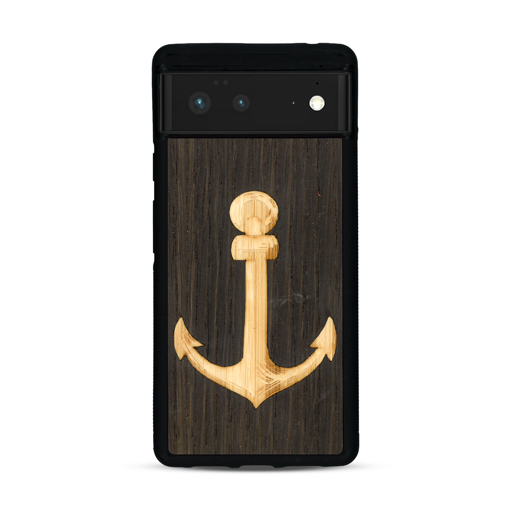 Coque de protection en bois véritable fabriquée en France pour  sur le thème nautique avec un bois clair et un bois foncé représentant une ancre de bateau