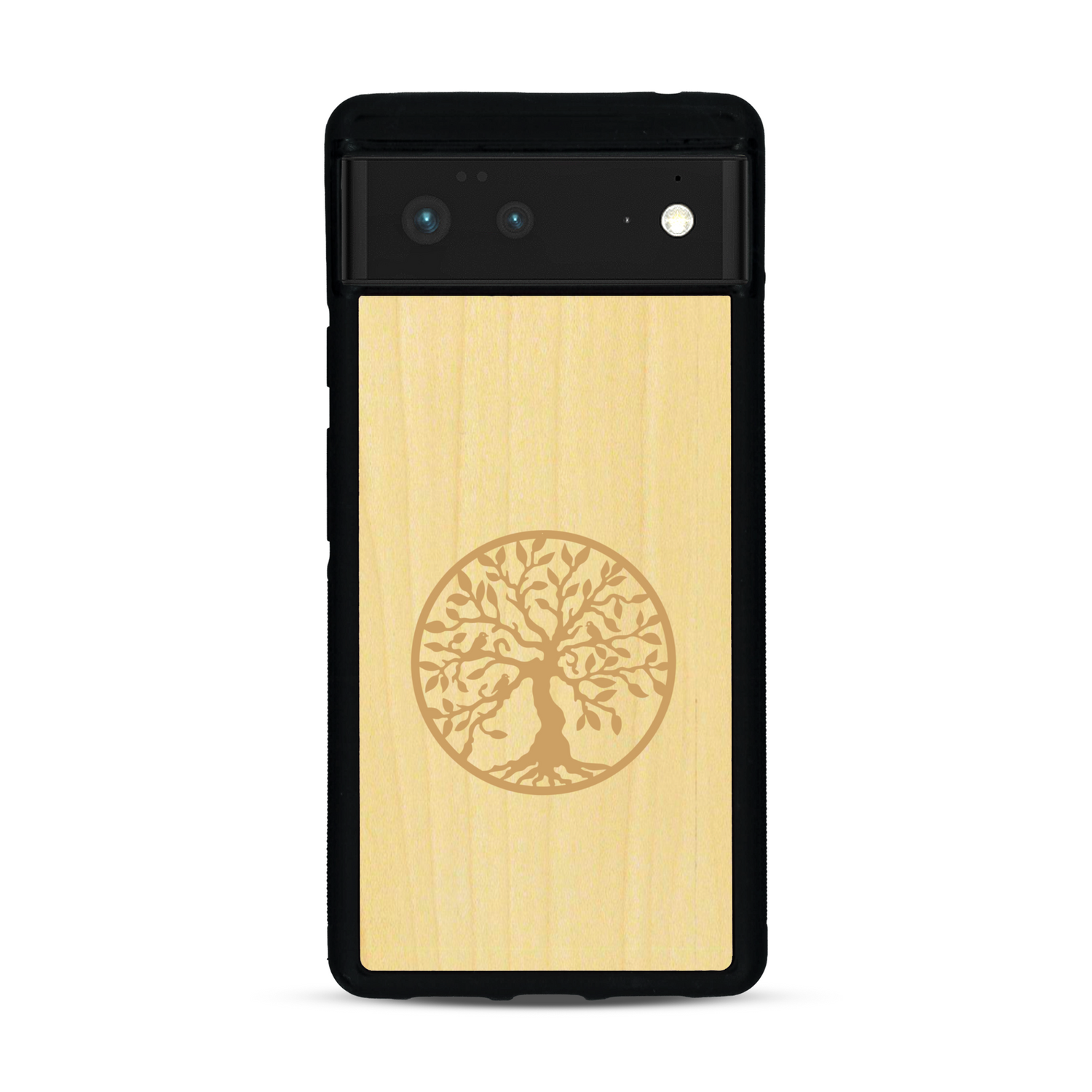 Coque de protection en bois véritable fabriquée en France pour  sur le thème de la spiritualité et du yoga avec une gravure zen représentant un arbre de vie
