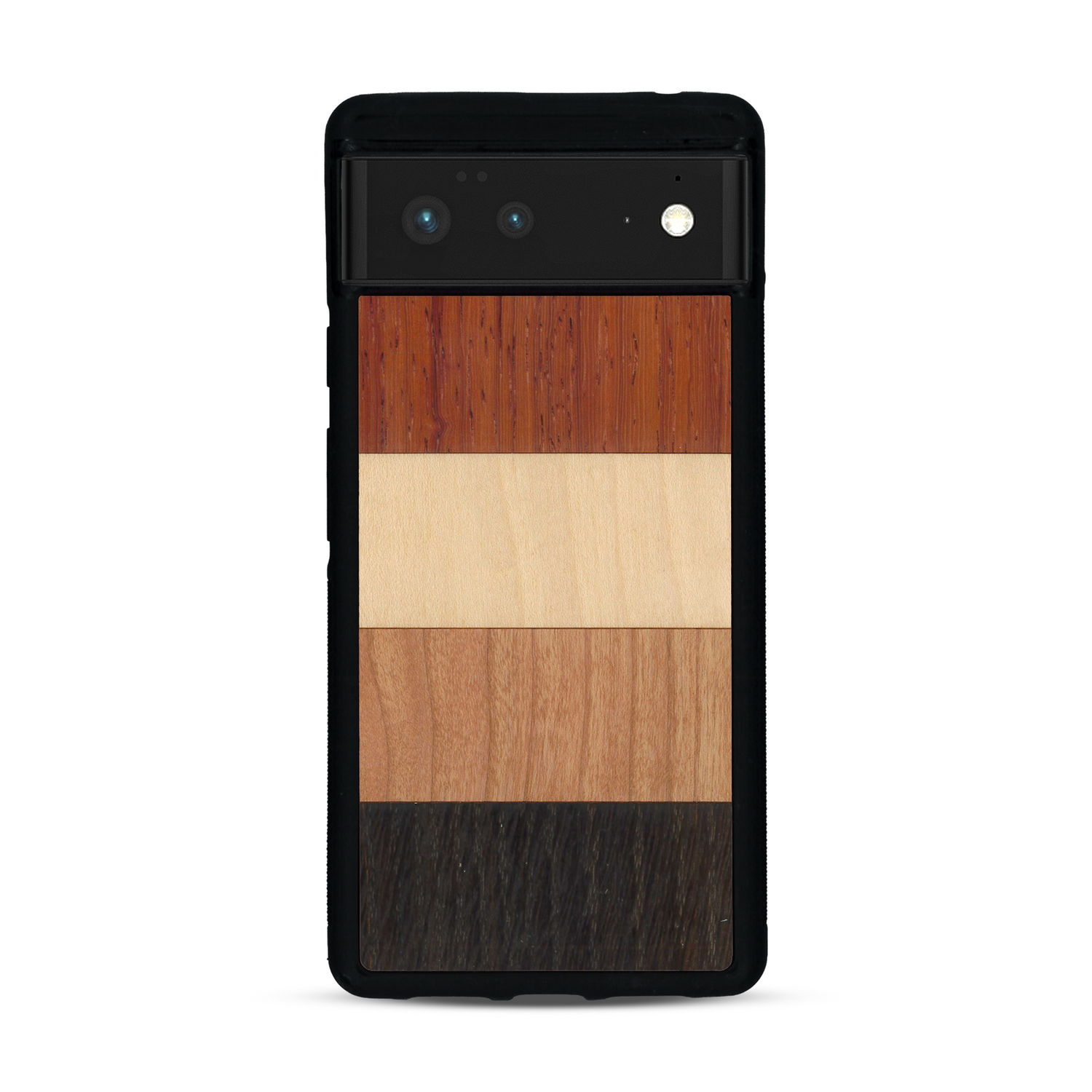 Coque de protection en bois véritable fabriquée en France pour  alliant des bandes horizontales de bambou, merisier, padouk, noyer et chêne fumé