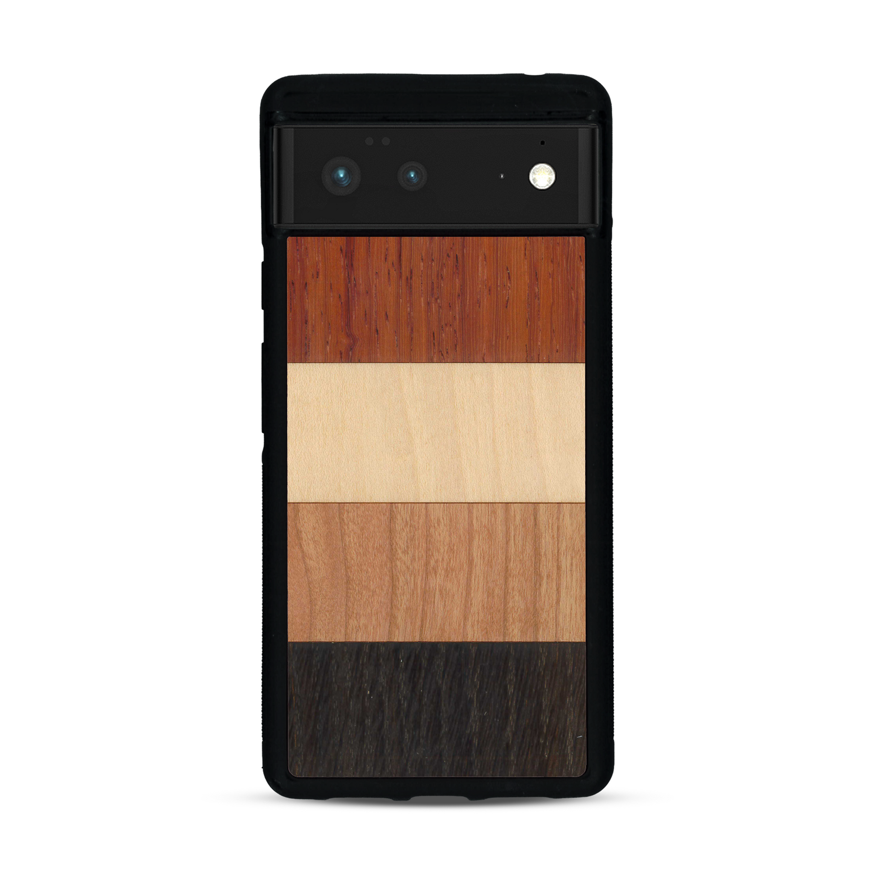 Coque de protection en bois véritable fabriquée en France pour  alliant des bandes horizontales de bambou, merisier, padouk, noyer et chêne fumé