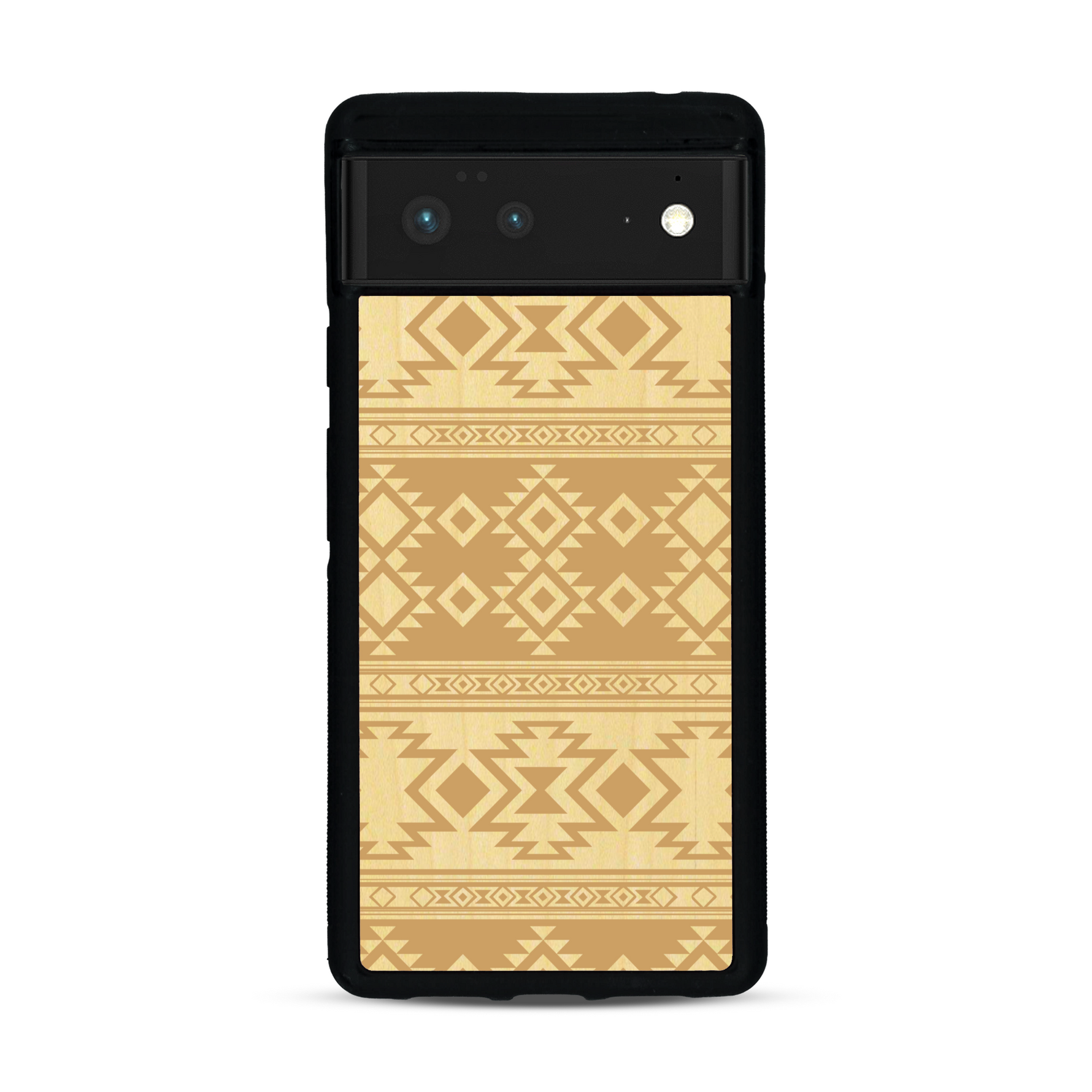 Coque de protection en bois véritable fabriquée en France pour  avec des motifs géométriques s'inspirant des temples aztèques, mayas et incas