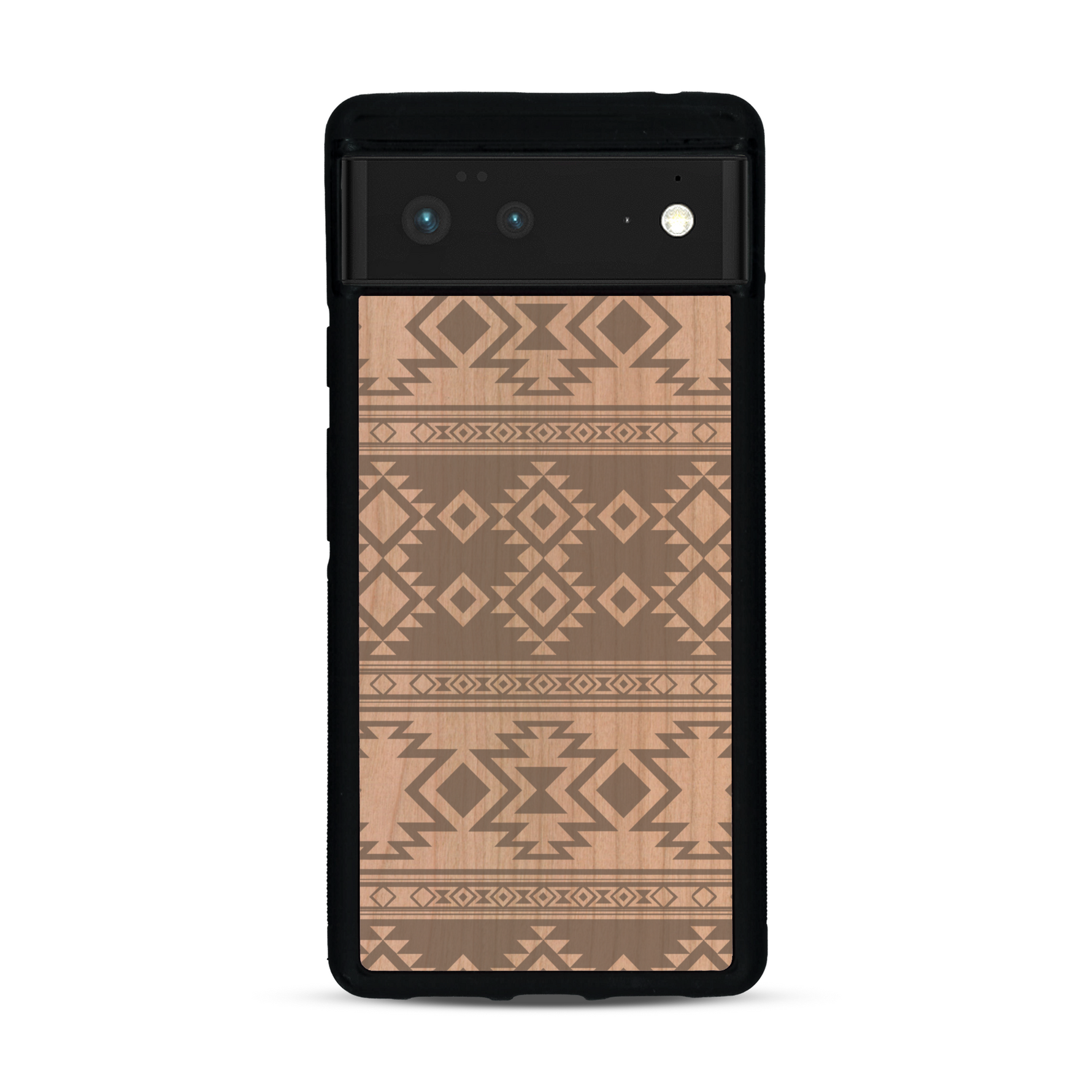 Coque de protection en bois véritable fabriquée en France pour  avec des motifs géométriques s'inspirant des temples aztèques, mayas et incas