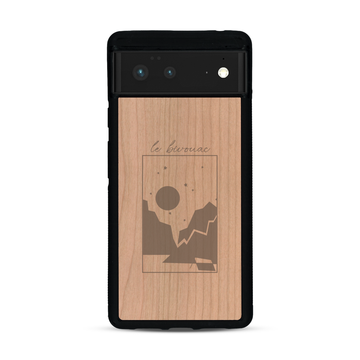 Coque de protection en bois véritable fabriquée en France pour  sur le thème du camping en pleine nature et du bivouac avec la phrase "Aventure is out there"