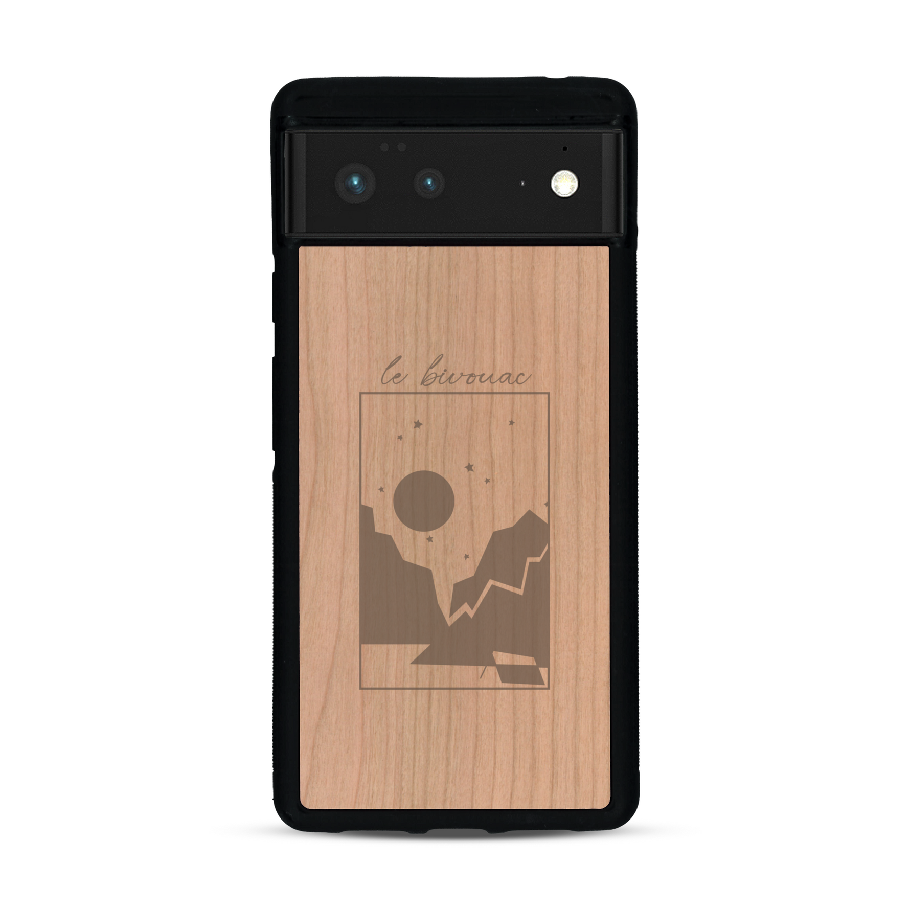 Coque de protection en bois véritable fabriquée en France pour  sur le thème du camping en pleine nature et du bivouac avec la phrase "Aventure is out there"