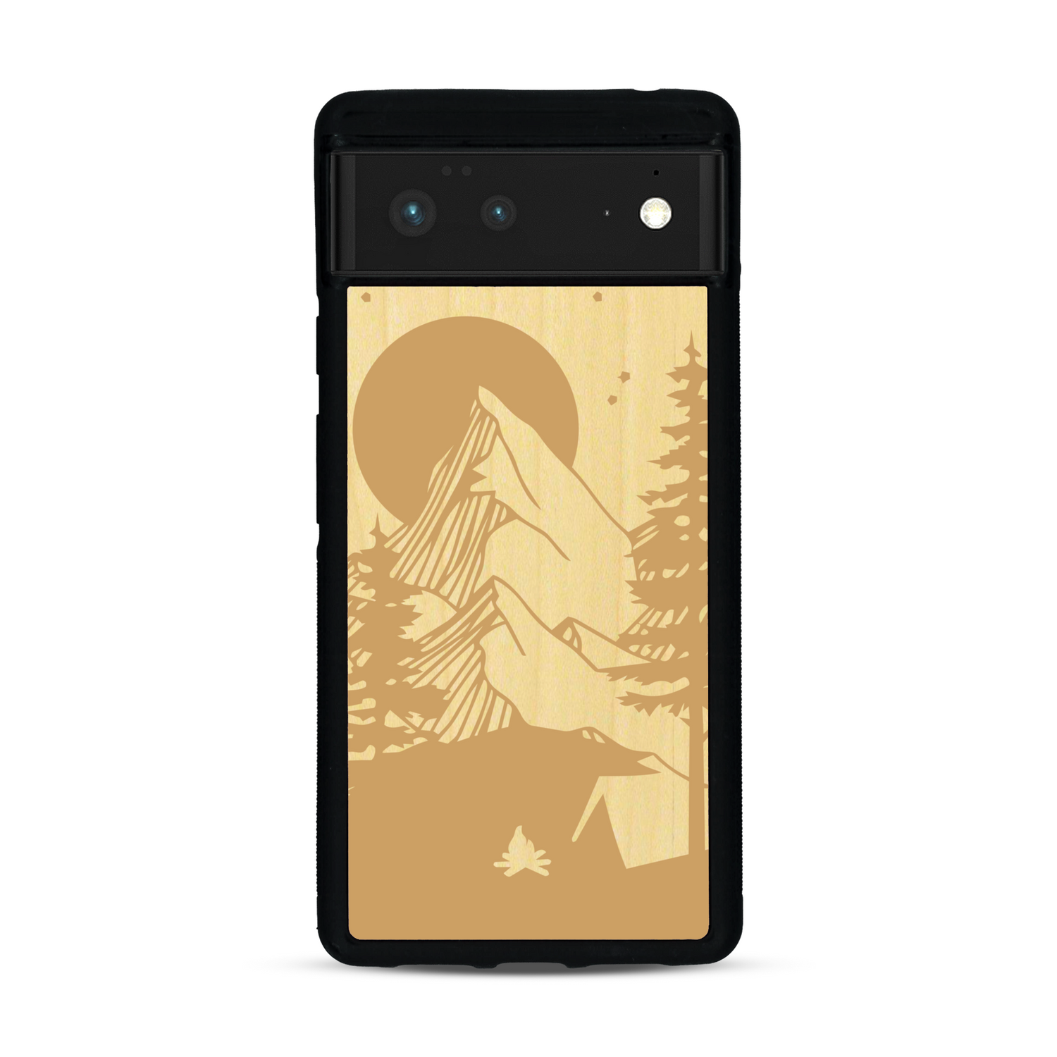 Coque de protection en bois véritable fabriquée en France pour  sur le thème du camping en pleine nature représentant une tente avec un feu de camp entouré de montagnes