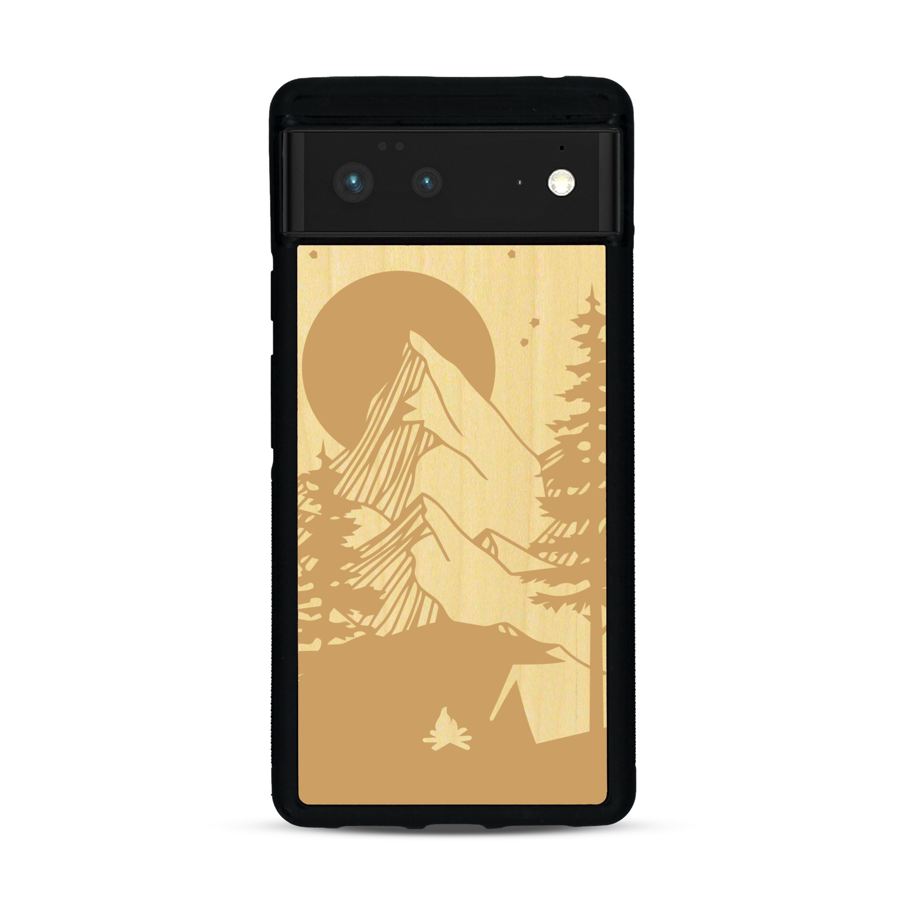 Coque de protection en bois véritable fabriquée en France pour  sur le thème du camping en pleine nature représentant une tente avec un feu de camp entouré de montagnes