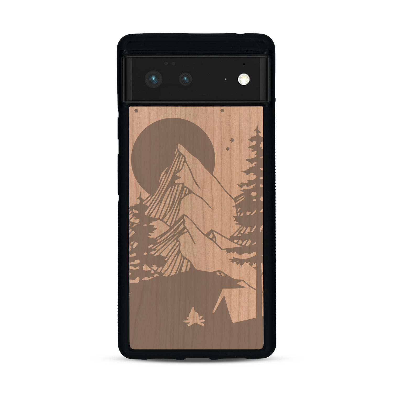 Coque de protection en bois véritable fabriquée en France pour  sur le thème du camping en pleine nature représentant une tente avec un feu de camp entouré de montagnes