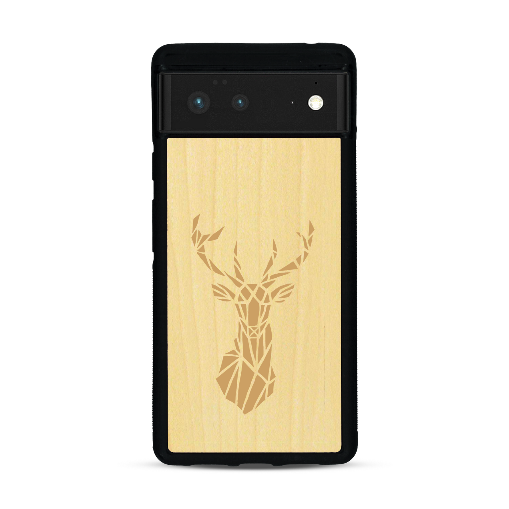 Coque de protection en bois véritable fabriquée en France pour  sur le thème de la nature et des animaux représentant une tête de cerf gométrique avec un design moderne et minimaliste