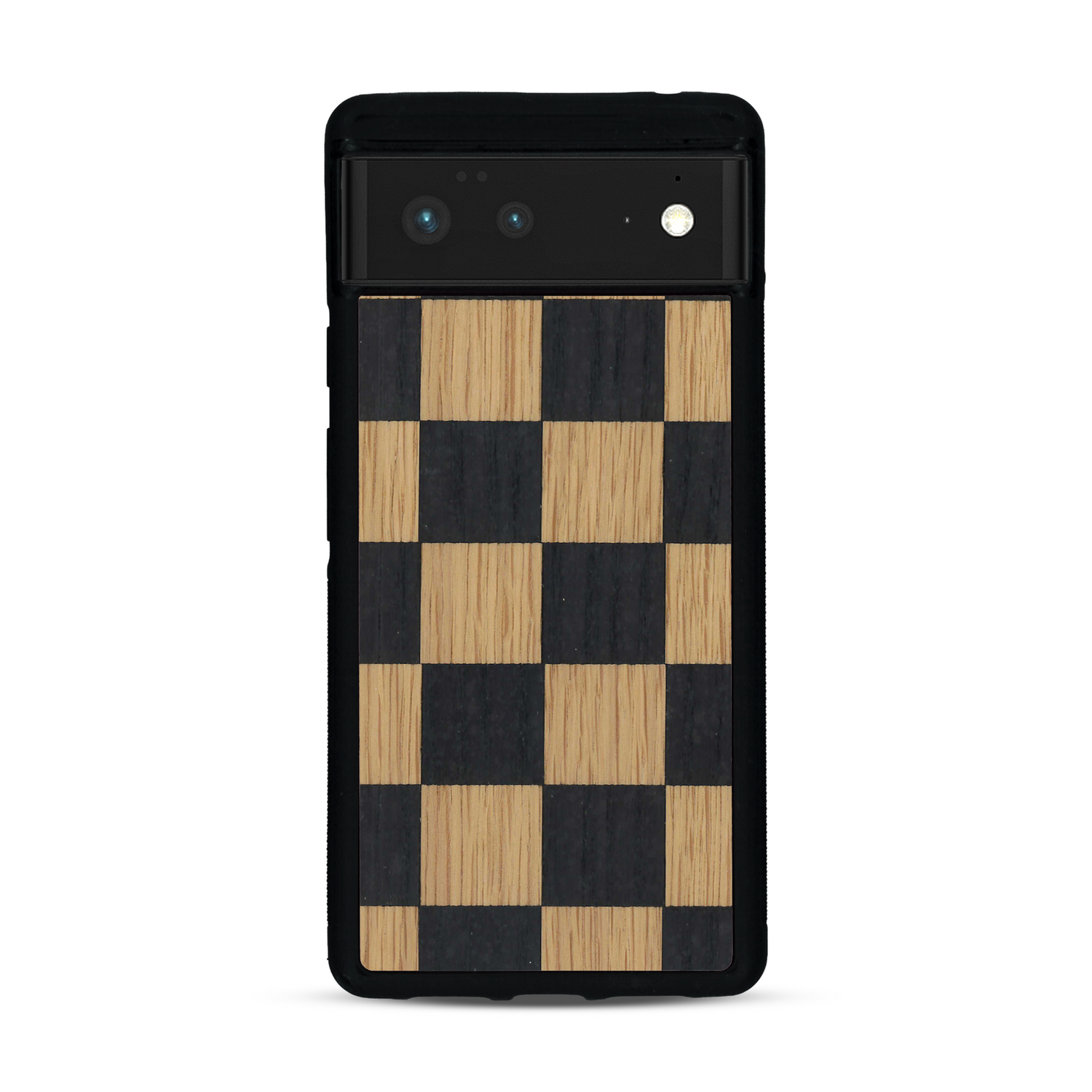 Coque de protection en bois véritable fabriquée en France pour  alliant plusieurs essences de bois pour représenter un damier