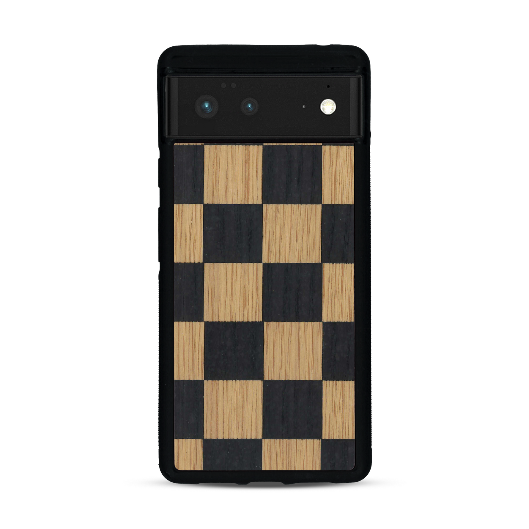 Coque de protection en bois véritable fabriquée en France pour  alliant plusieurs essences de bois pour représenter un damier