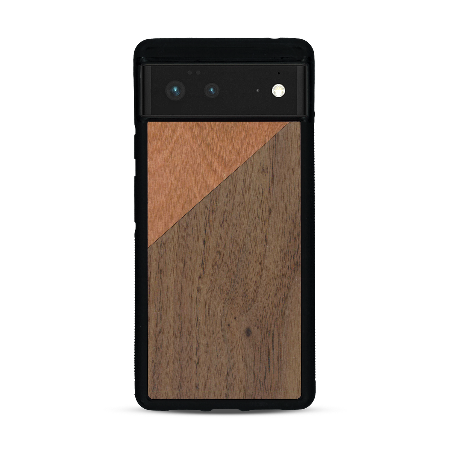 Coque de protection en bois véritable fabriquée en France pour  alliant du merisier et du noyer formant chacun un triangle avec une jointure en diagonale sur le thème de l'art abstrait