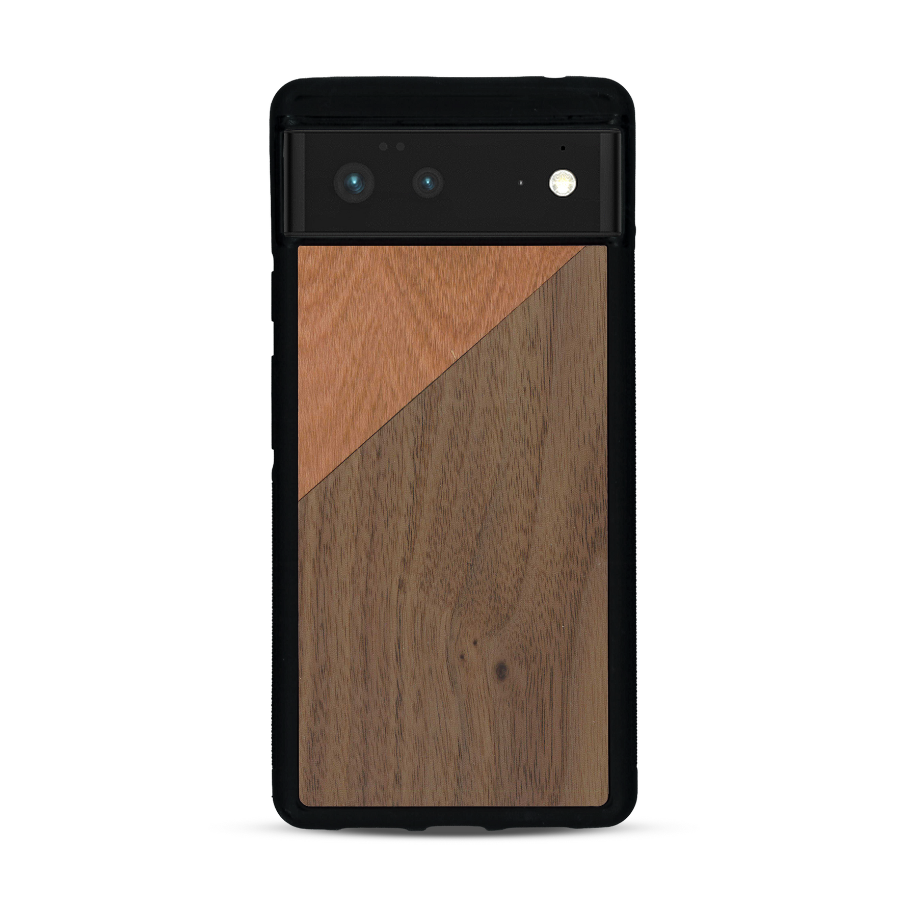 Coque de protection en bois véritable fabriquée en France pour  alliant du merisier et du noyer formant chacun un triangle avec une jointure en diagonale sur le thème de l'art abstrait