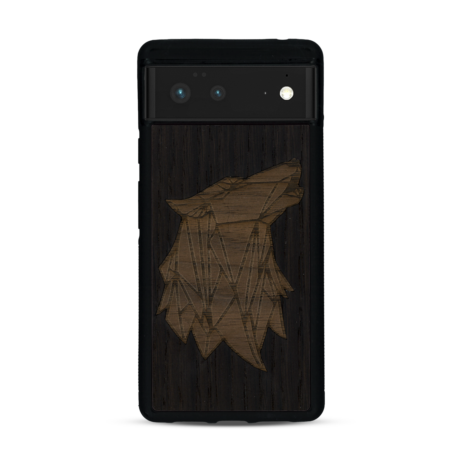 Coque de protection en bois véritable fabriquée en France pour  alliant du chêne fumé et du noyer représentant une tête de loup géométrique de profil sur le thème des animaux et de la nature