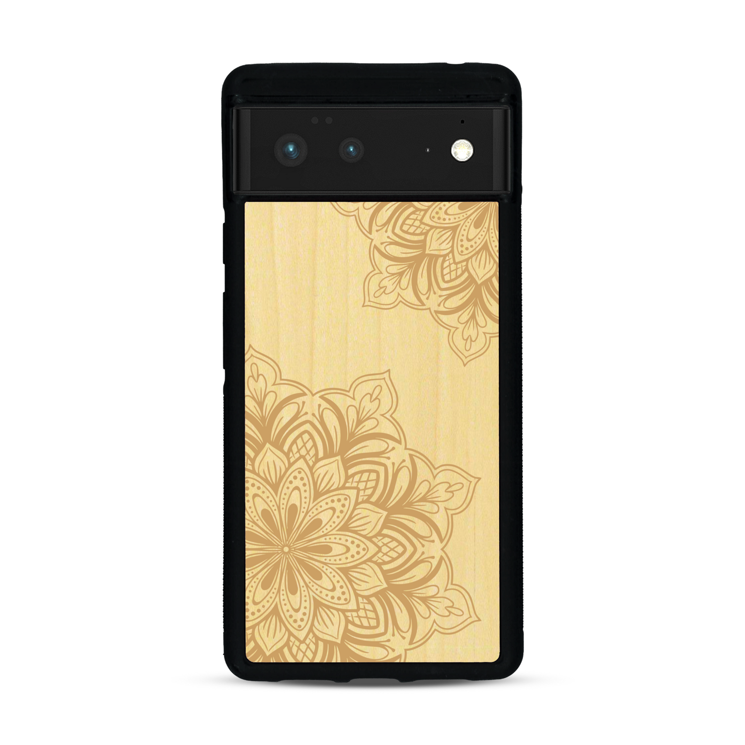 Coque de protection en bois véritable fabriquée en France pour  sur le thème de la bohème et du tatouage au henné avec une gravure représentant un mandala