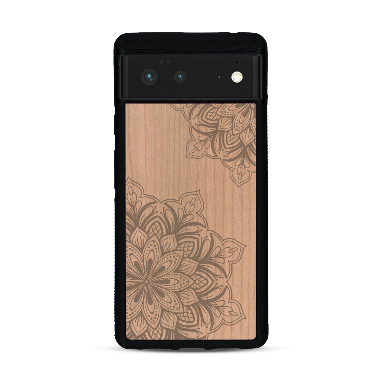 Coque de protection en bois véritable fabriquée en France pour  sur le thème de la bohème et du tatouage au henné avec une gravure représentant un mandala