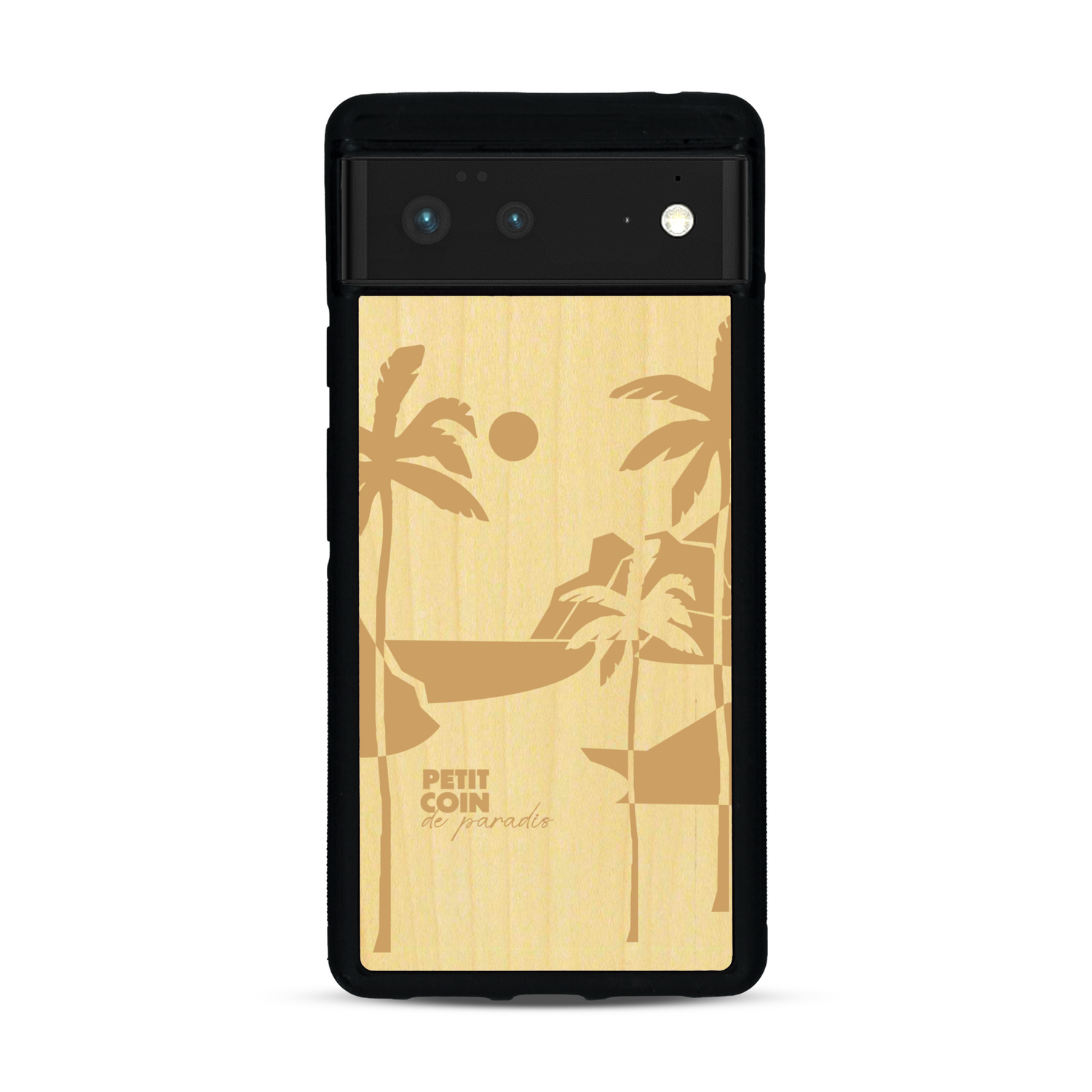 Coque de protection en bois véritable fabriquée en France pour  sur le thème des voyages en vans, vanlife et chill avec une gravure représentant un van vw combi devant le soleil couchant sur une plage avec des vagues