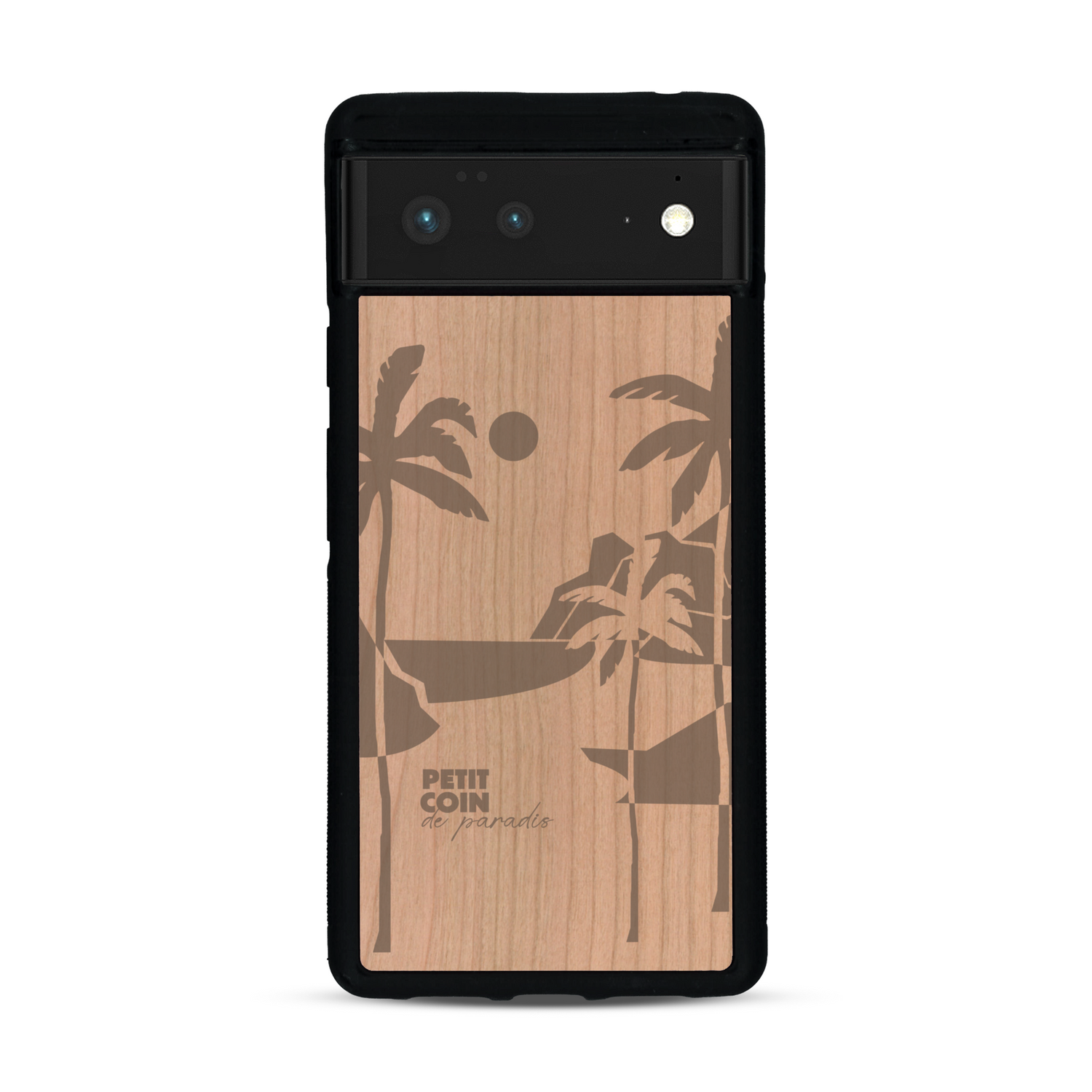 Coque de protection en bois véritable fabriquée en France pour  sur le thème des voyages en vans, vanlife et chill avec une gravure représentant un van vw combi devant le soleil couchant sur une plage avec des vagues