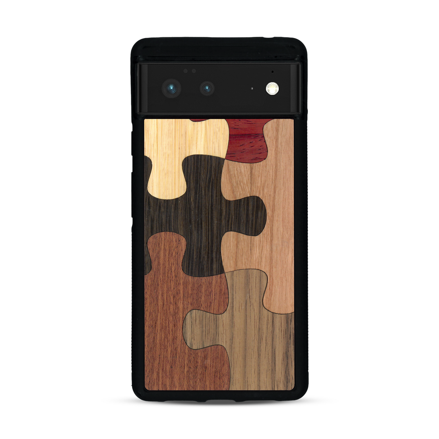 Coque de protection en bois véritable fabriquée en France pour  représentant un puzzle en six pièces qui allie du chêne fumé, du noyer, du bambou, du padouk, du merisier et de l'acajou