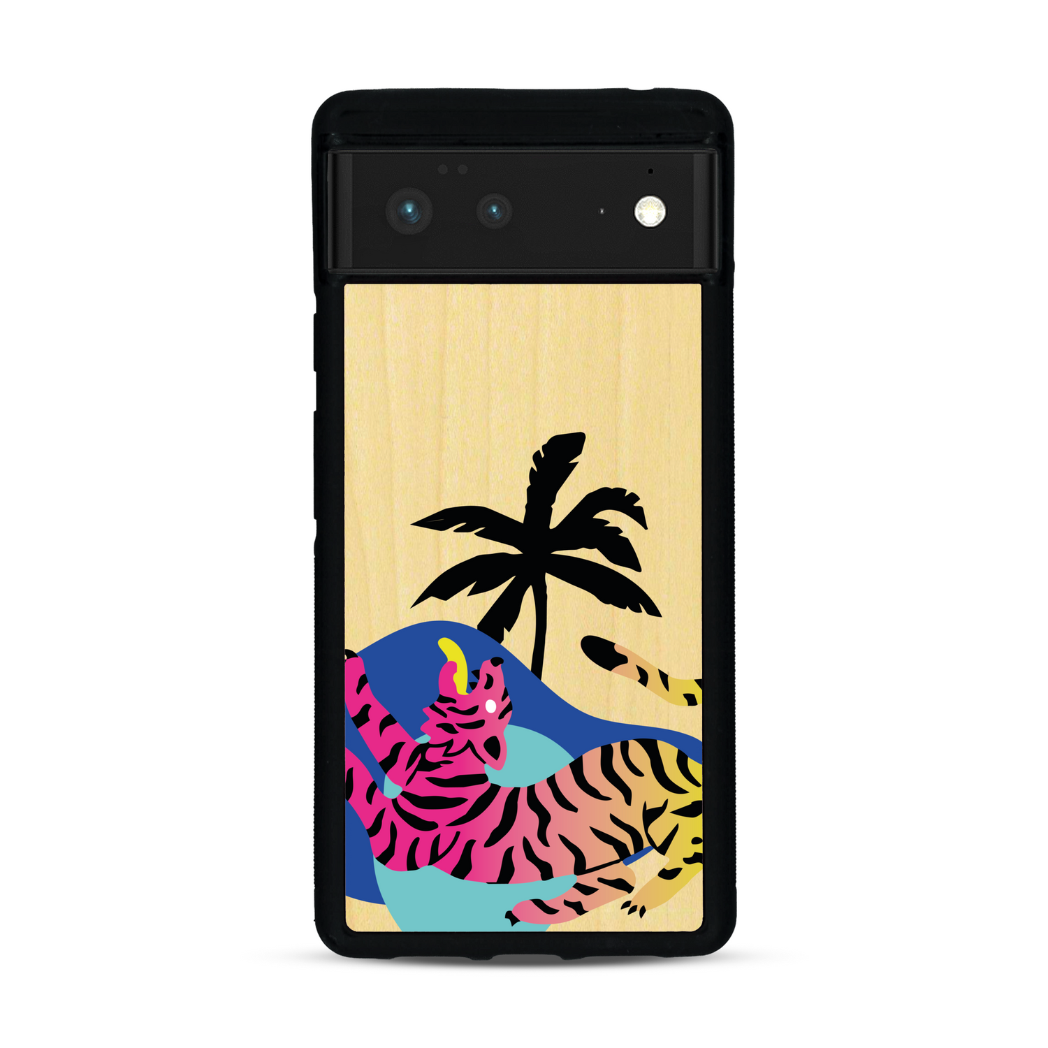 Coque de protection en bois véritable fabriquée en France pour Google Pixel 6 représentant un tigre coloré avec un design moderne et minimaliste sur le thème de la jungle et de la nature