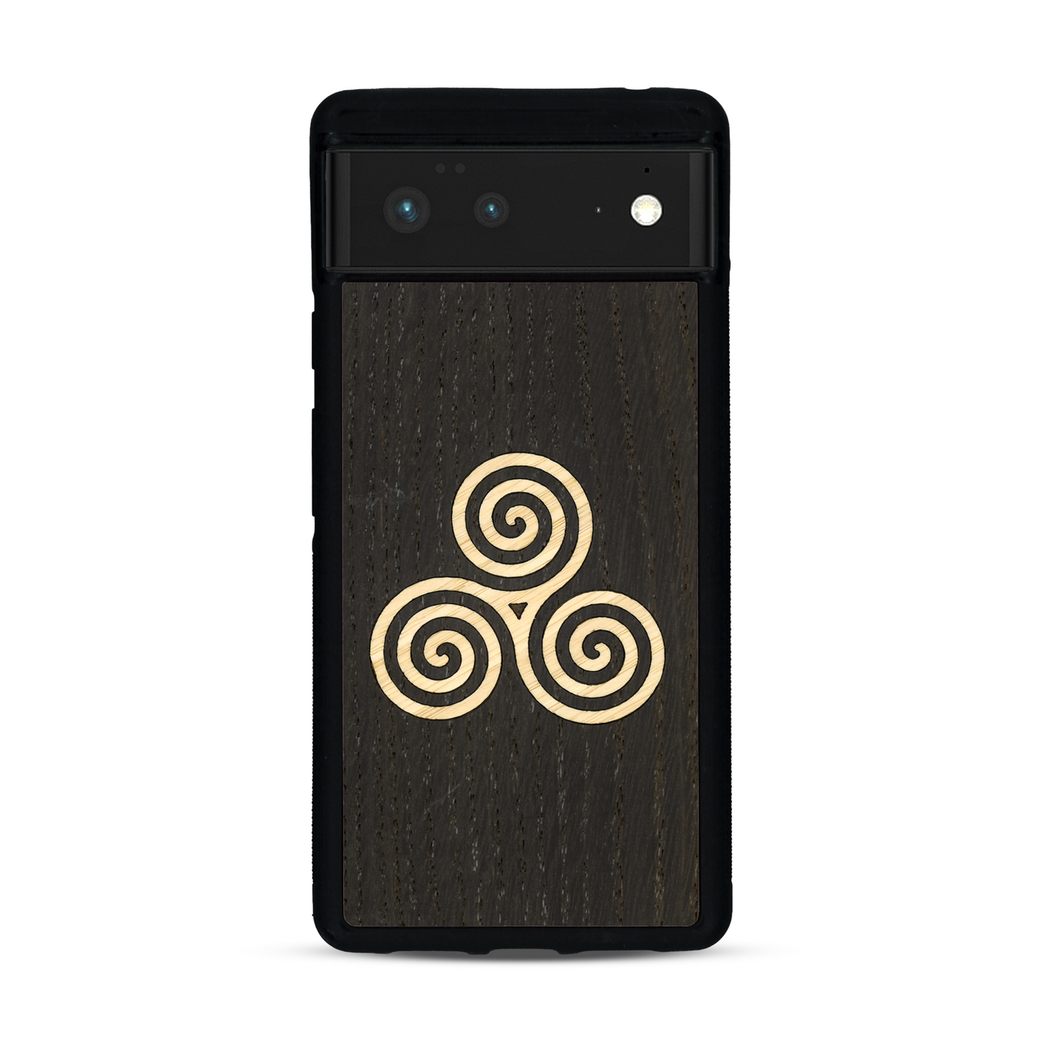 Coque de protection en bois véritable fabriquée en France pour Google Pixel 6 alliant du chêne fumé et du bambou et doré représentant un triskell